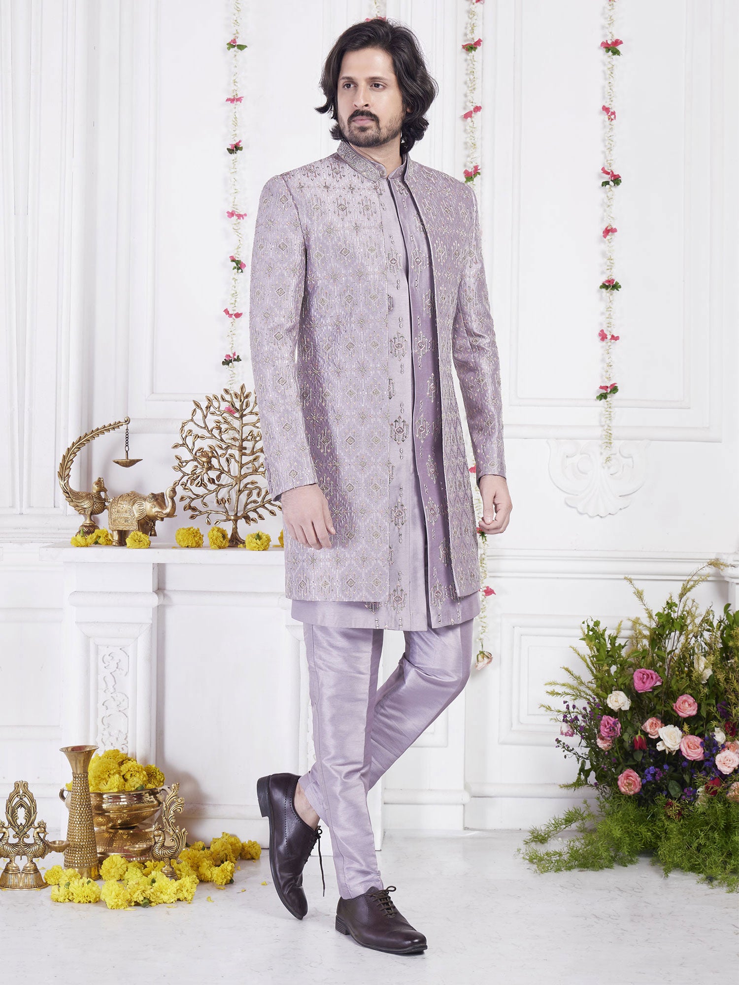 Heather Purple Art Silk Men's Indowestern With Jacket