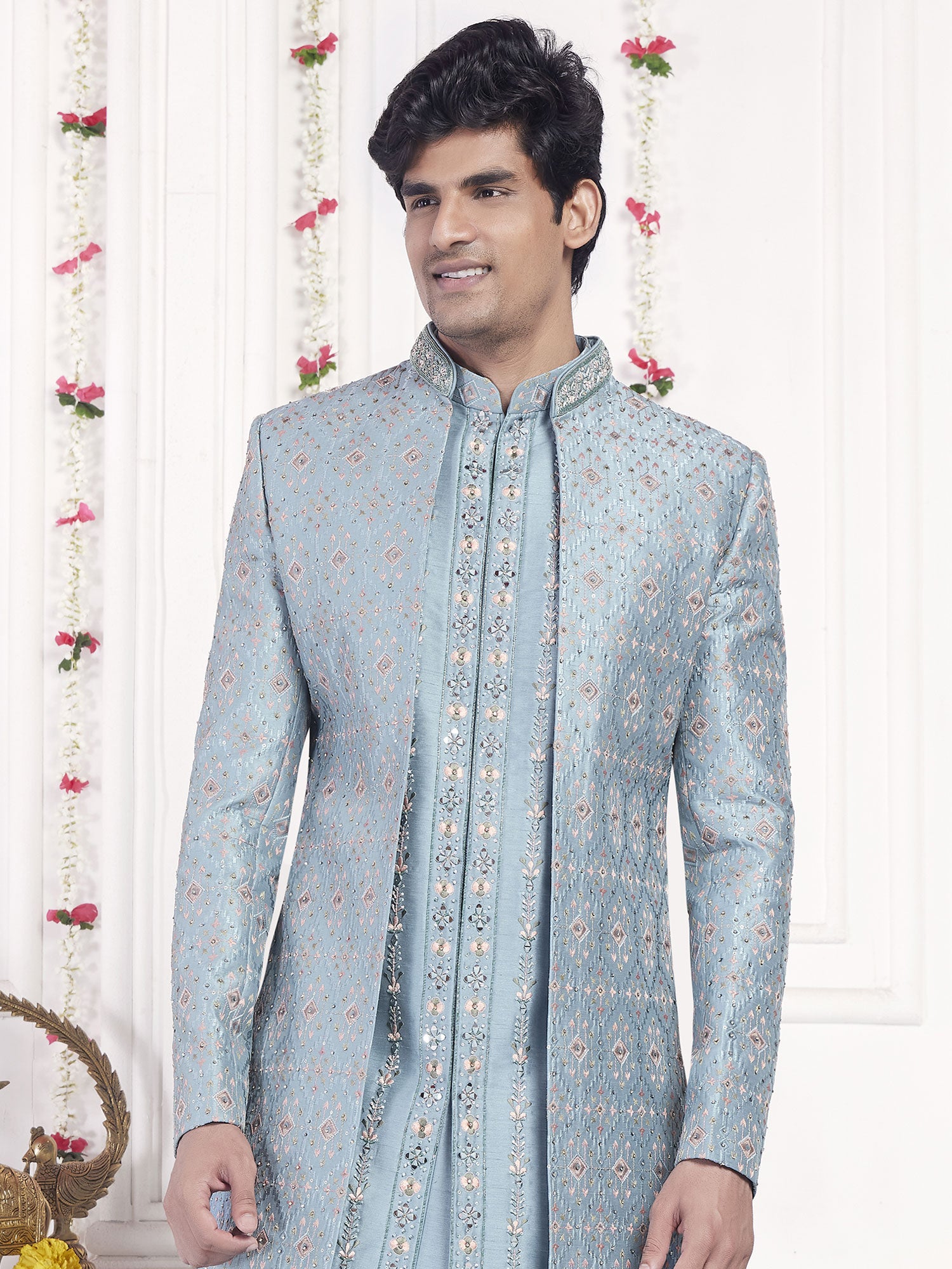 Blue Floral Thread Embellished Indowestern For Mens