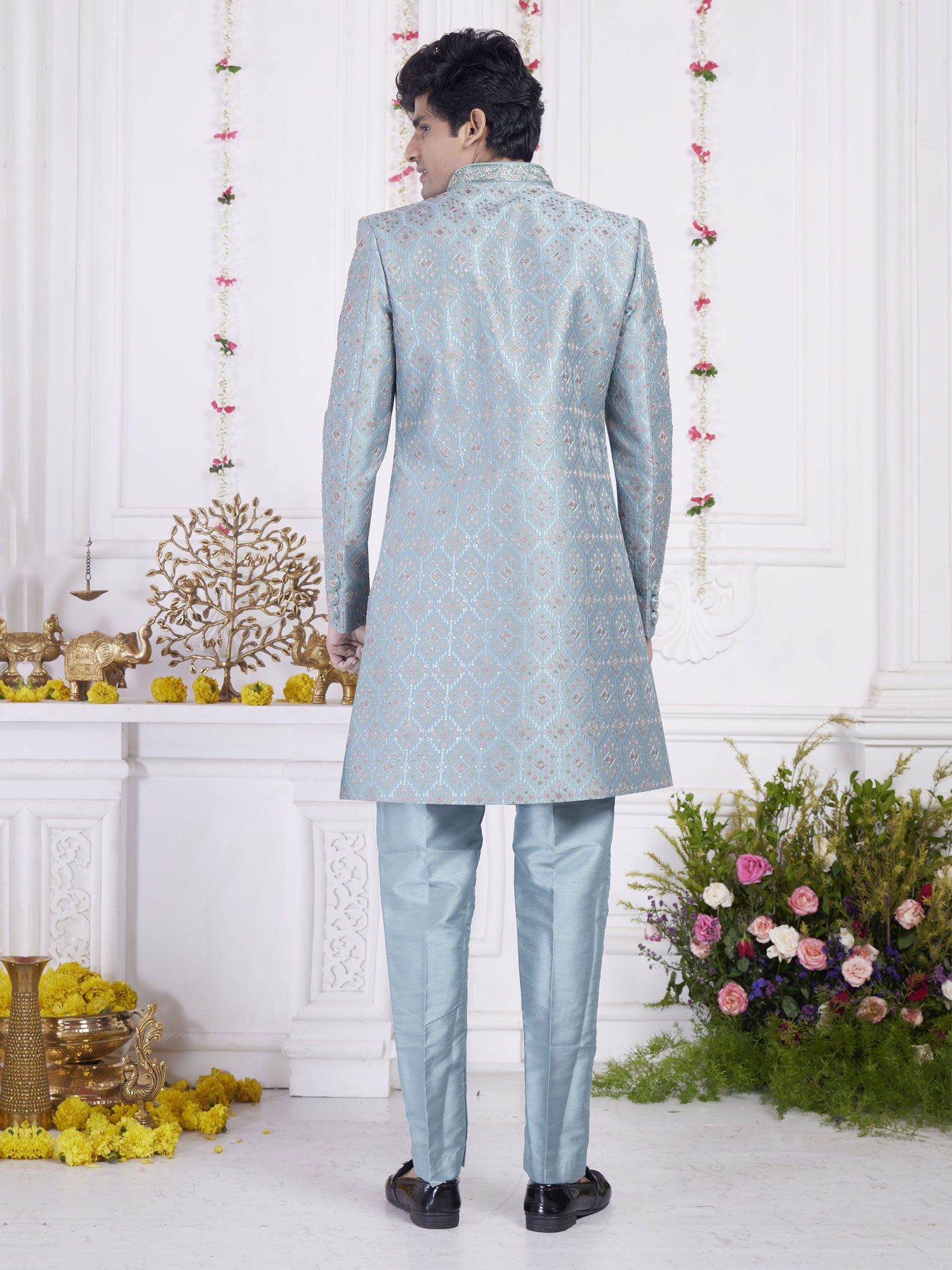 Blue Floral Thread Embellished Indowestern For Mens