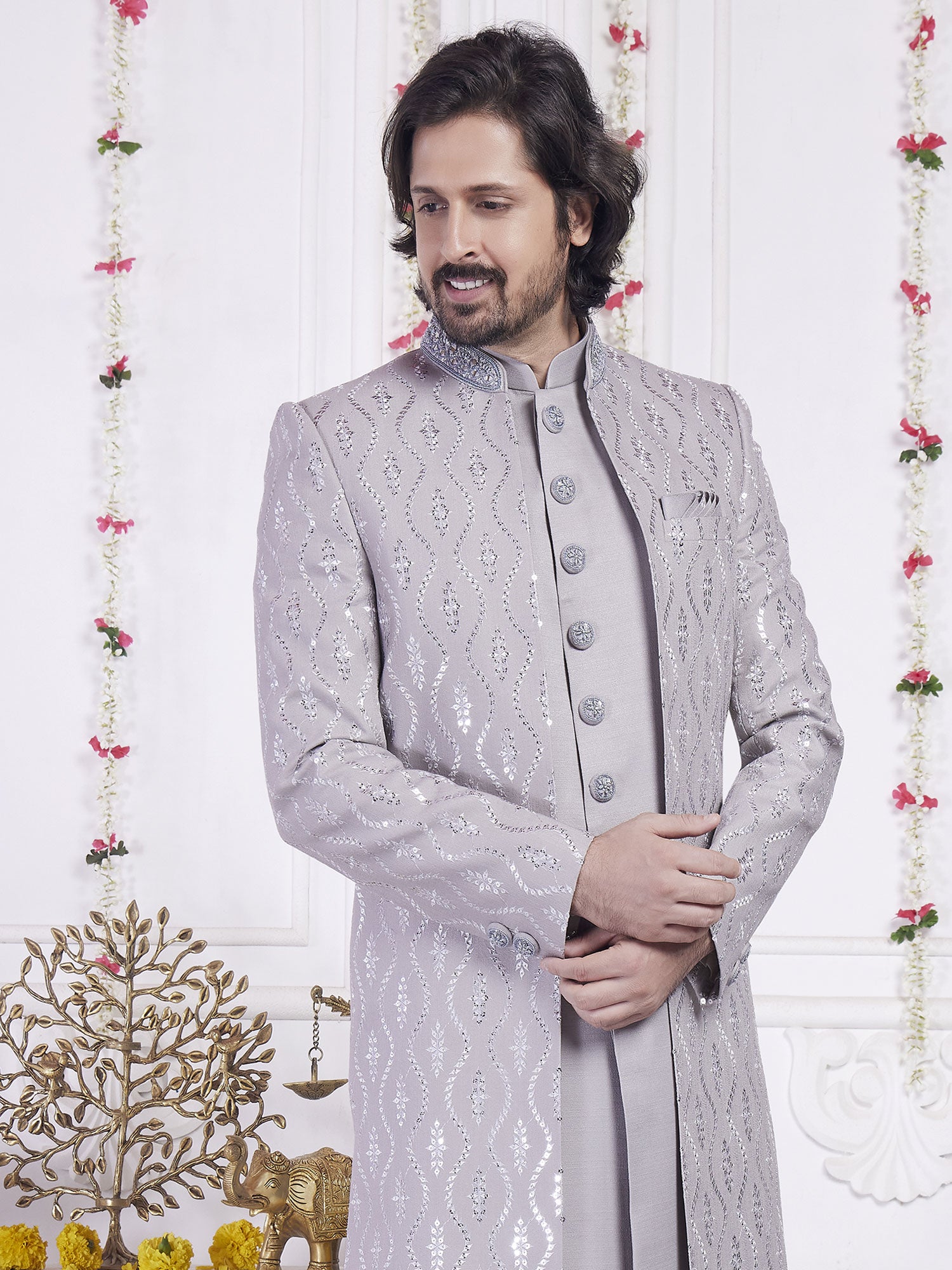 Rhino Grey Sequins Augmented Jacket Style Indowestern