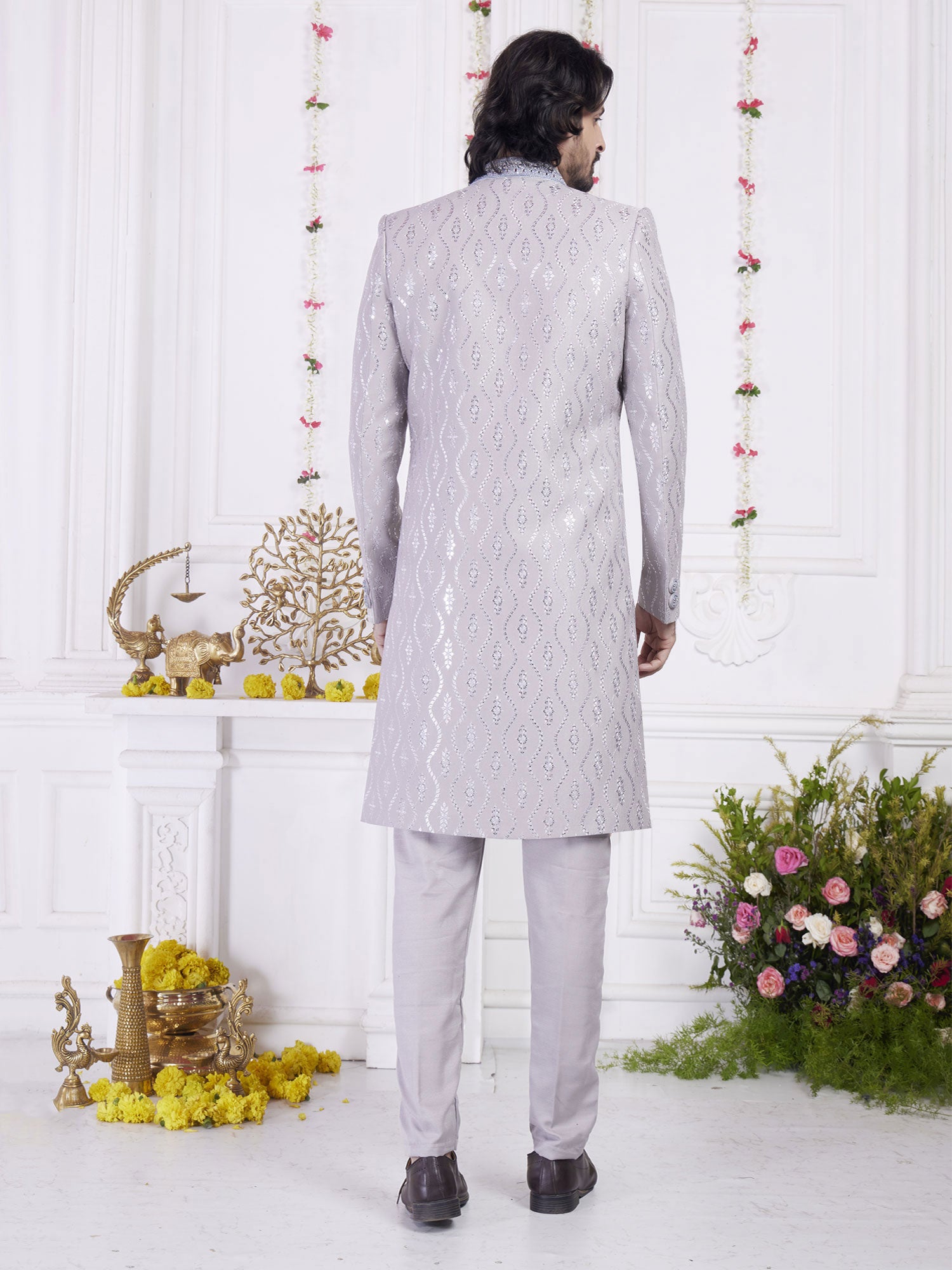 Rhino Grey Sequins Augmented Jacket Style Indowestern
