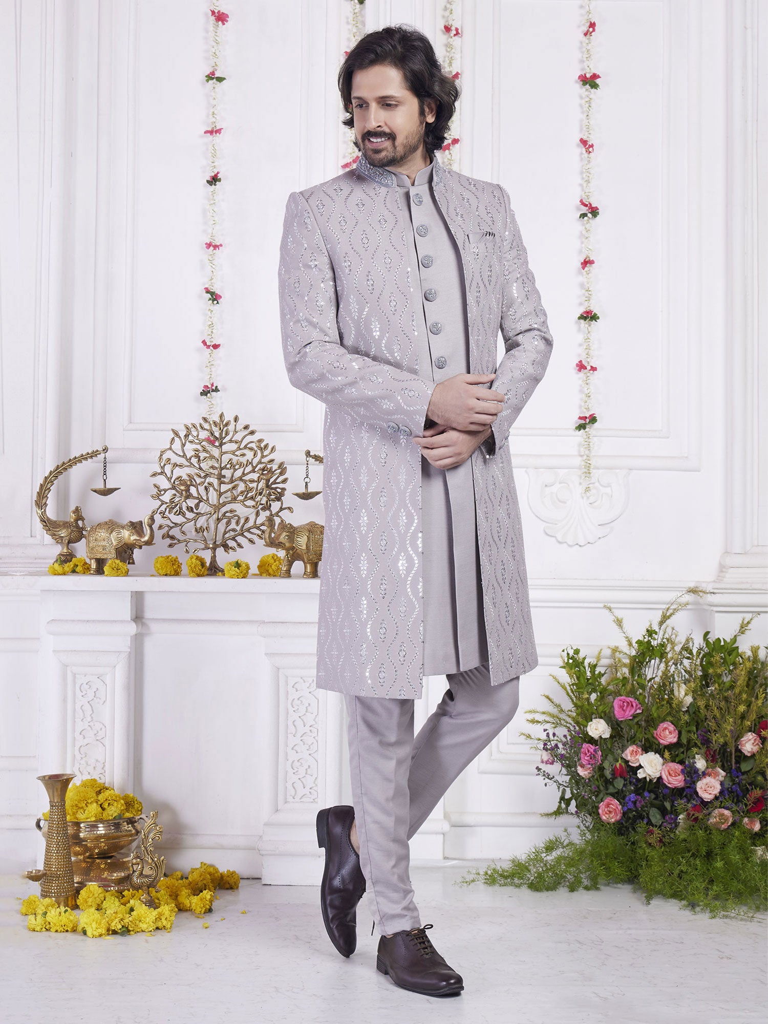 Rhino Grey Sequins Augmented Jacket Style Indowestern