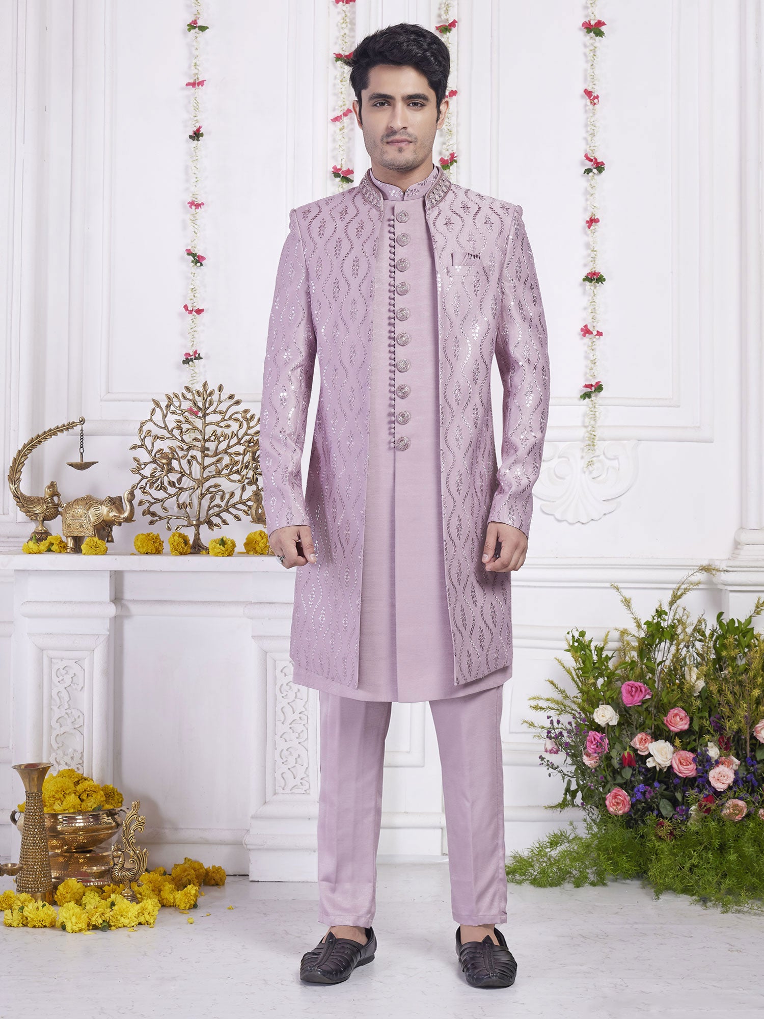 Lilac Menswear Wedding Indowestern Set In Jacket Style