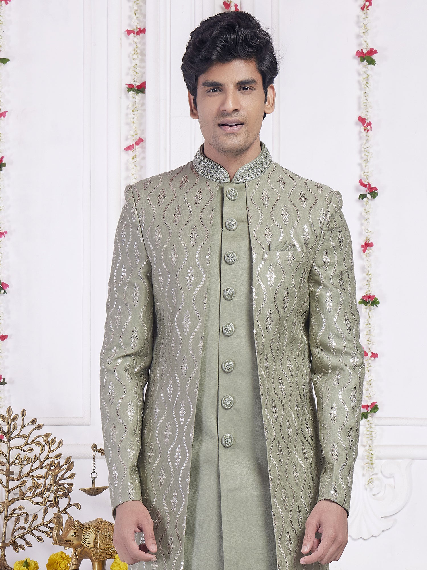 Sage Green Sequins Embroidered Indowestern Set