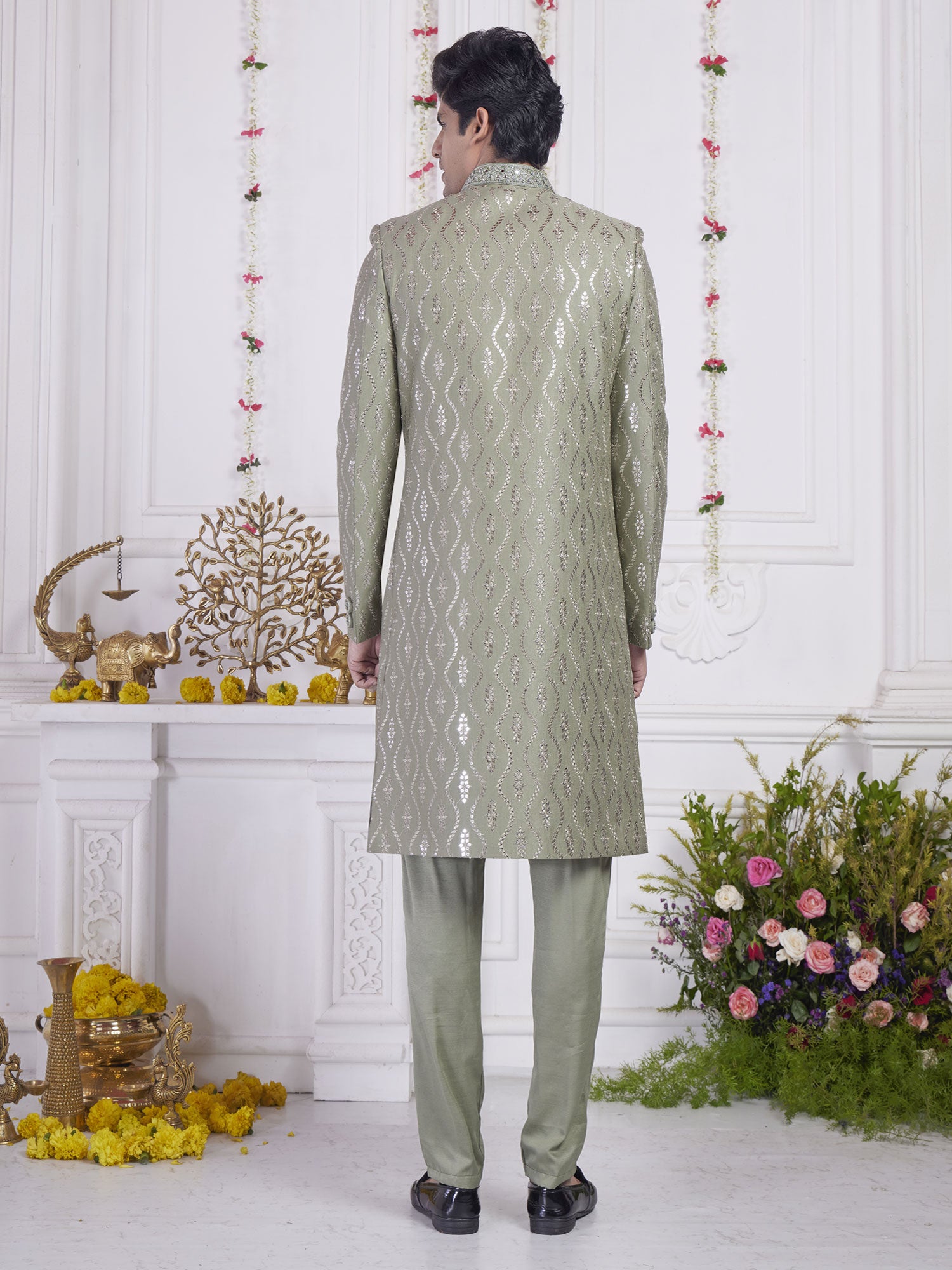 Sage Green Sequins Embroidered Indowestern Set