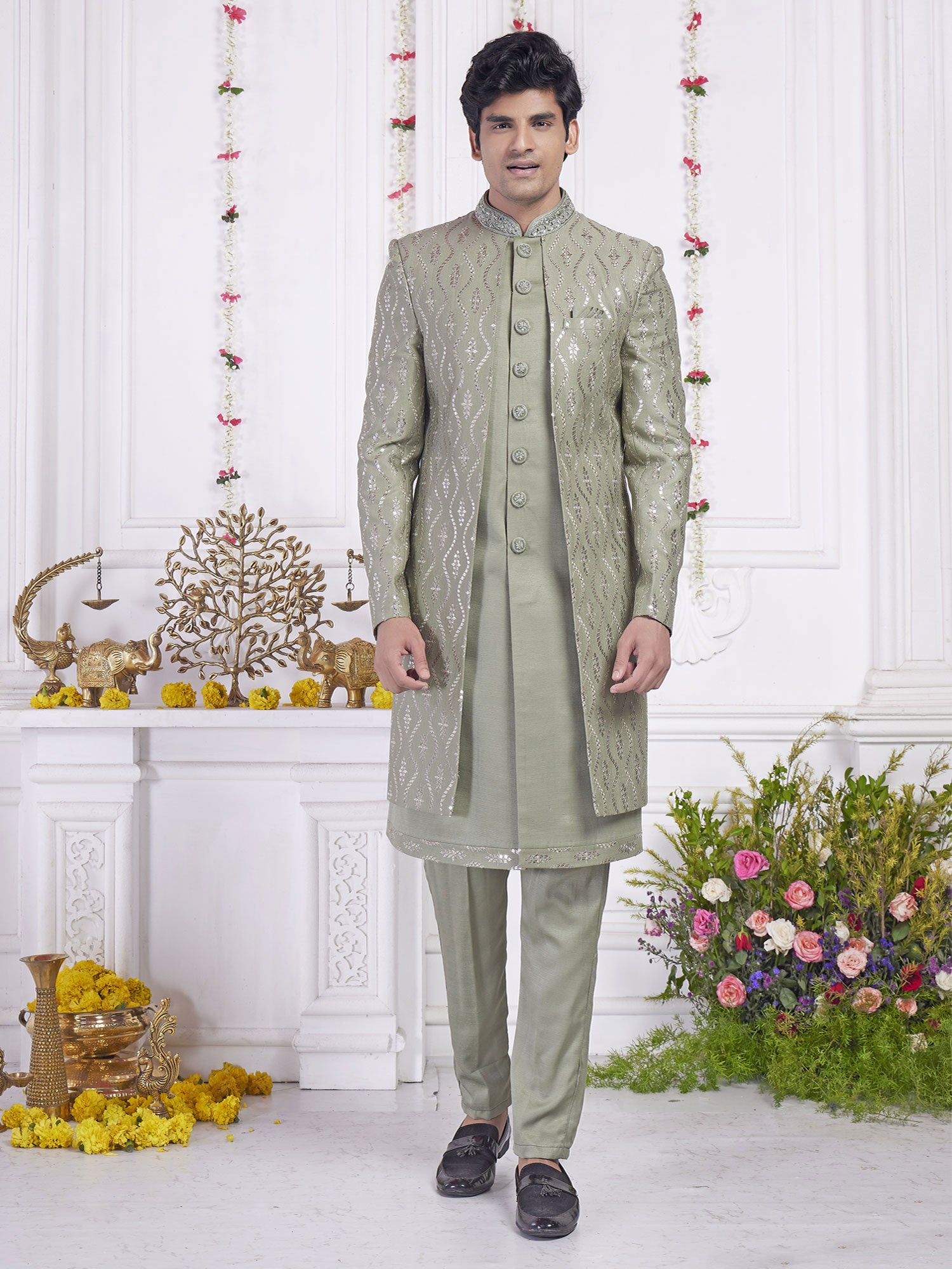 Sage Green Sequins Embroidered Indowestern Set