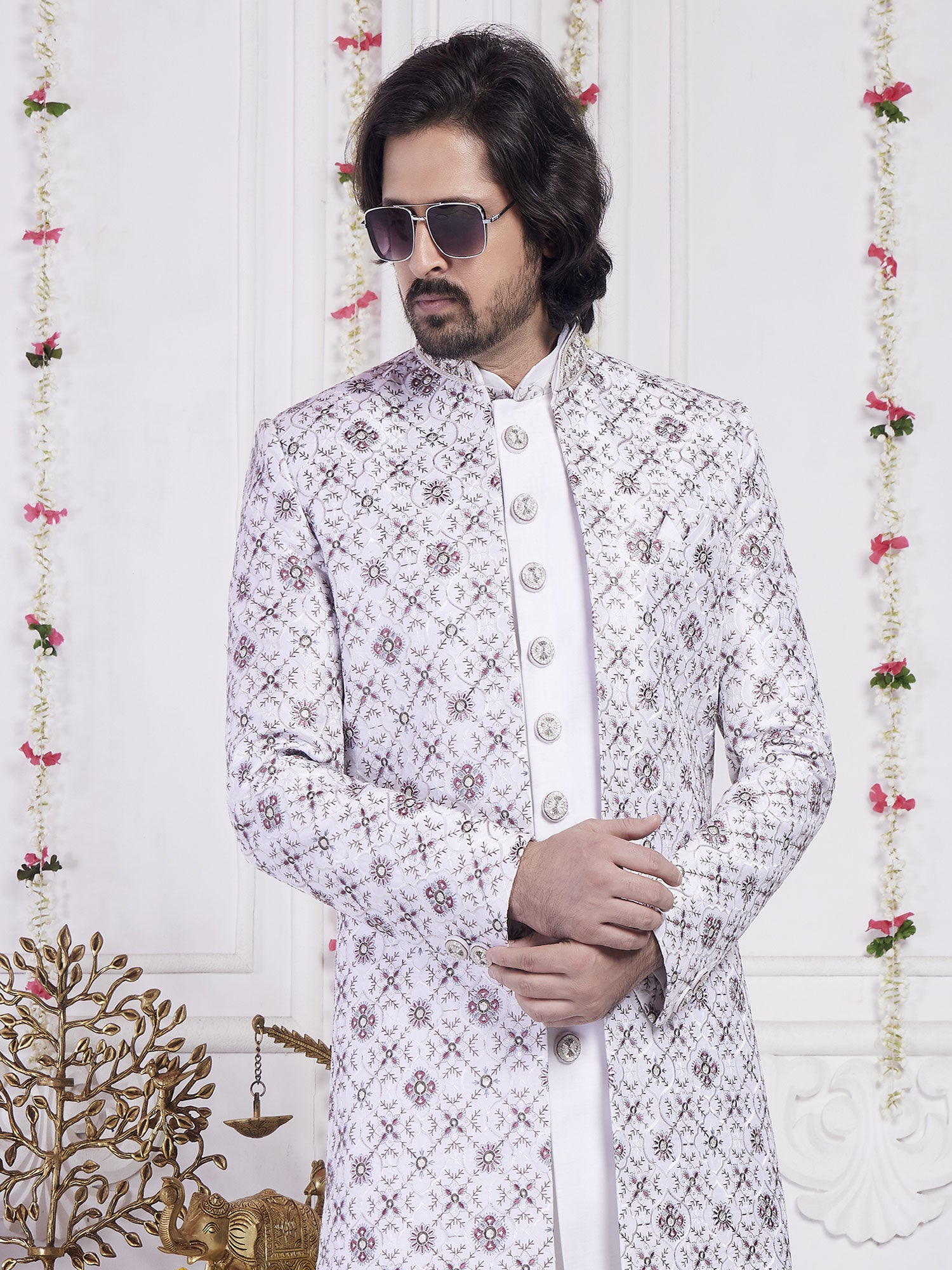 White Floral Work Men's Wear Indowestern In Silk