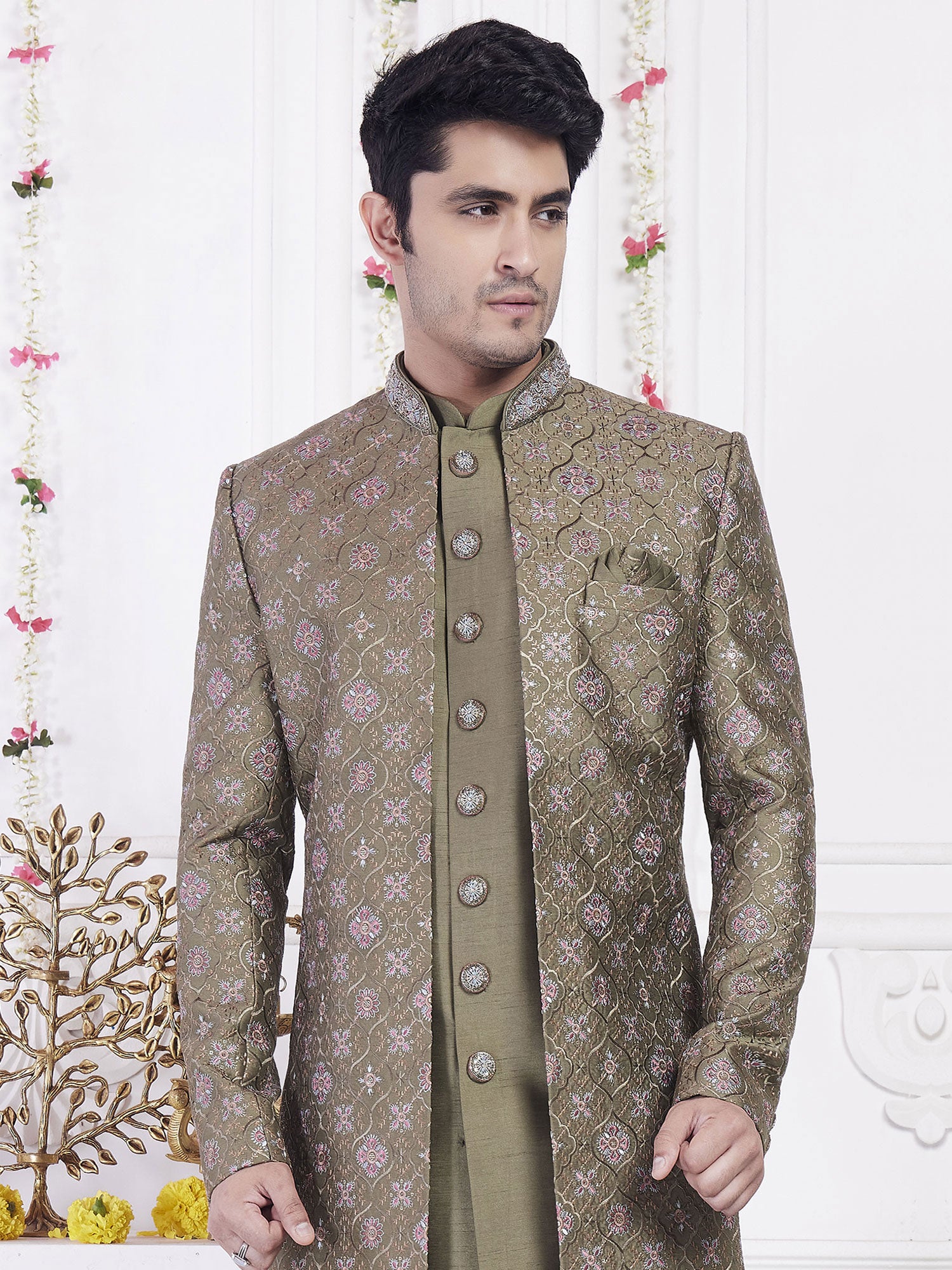Green Wedding Indowestern Set In Jacket Style