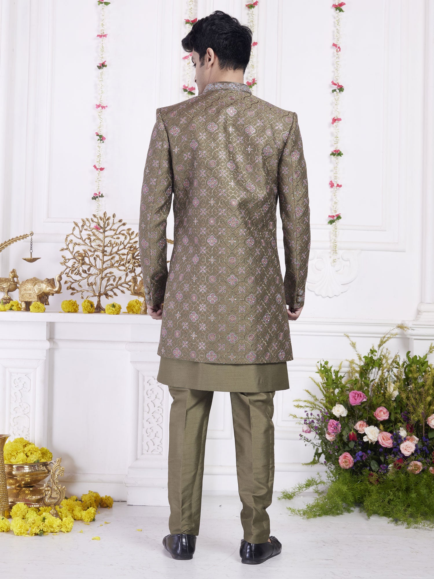 Green Wedding Indowestern Set In Jacket Style