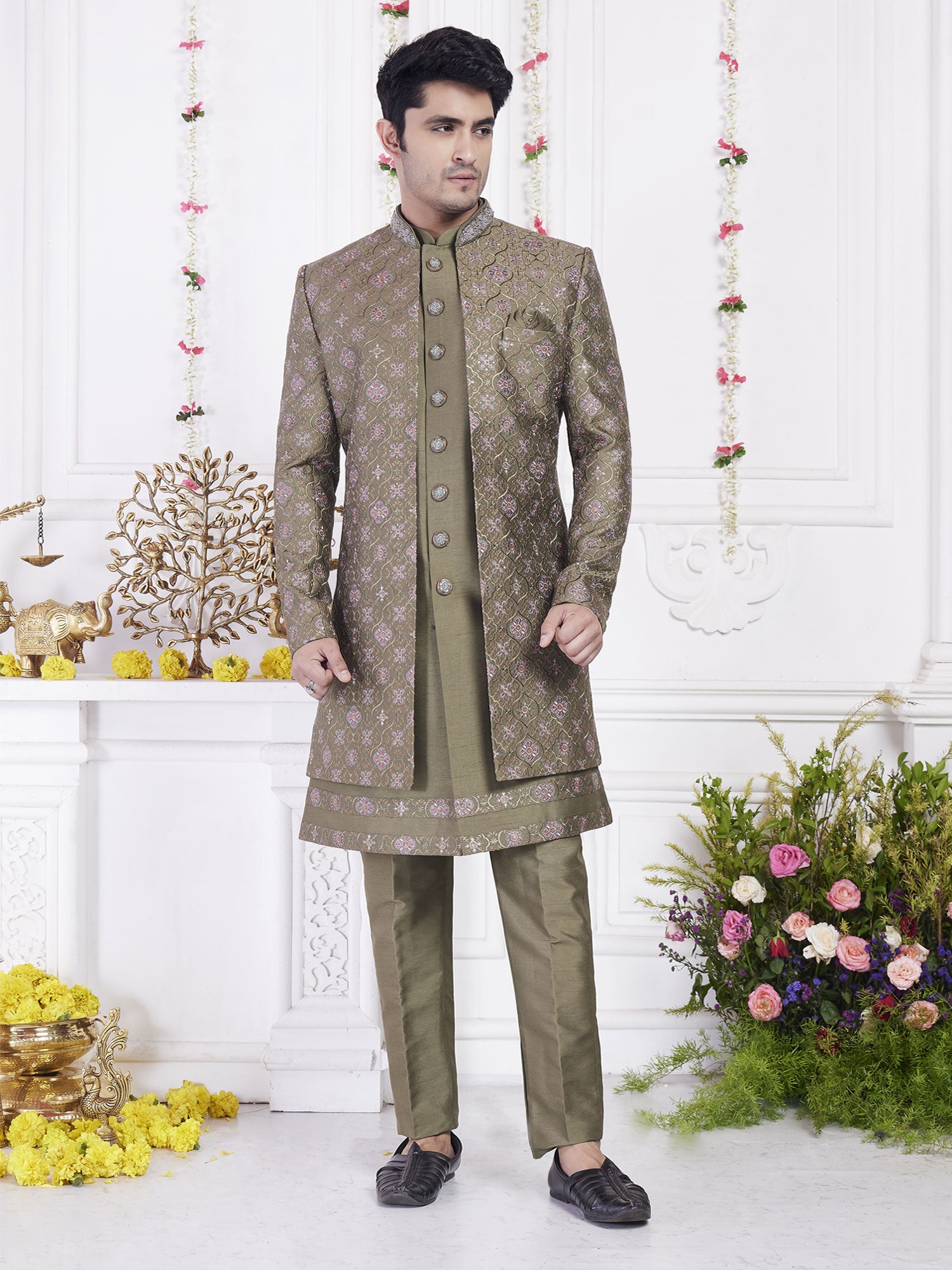 Green Wedding Indowestern Set In Jacket Style