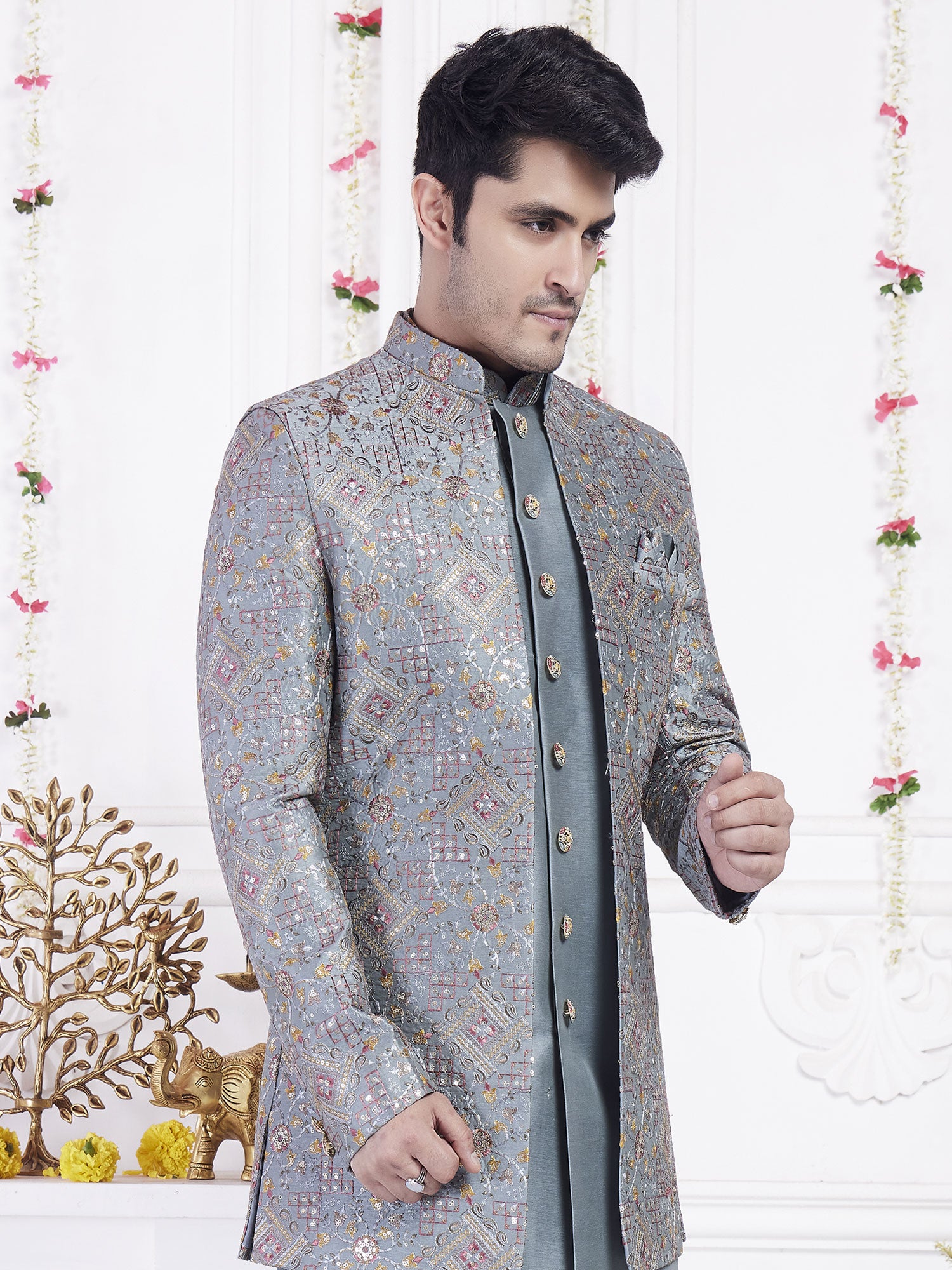 Grayish Blue Silk Indowestern With Embroidered Jacket