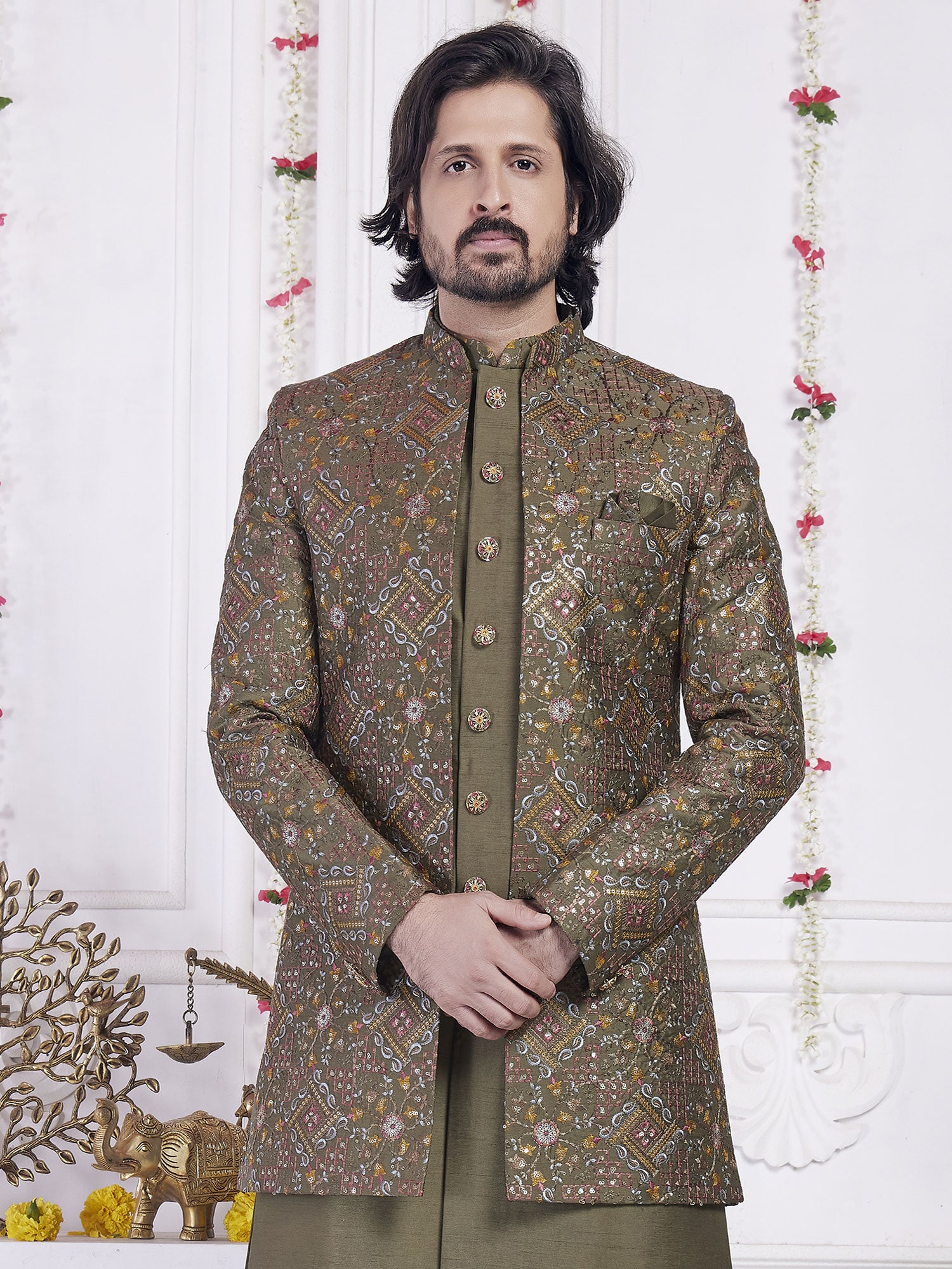 Olive Green Men's Indowestern With Short Length Jacket