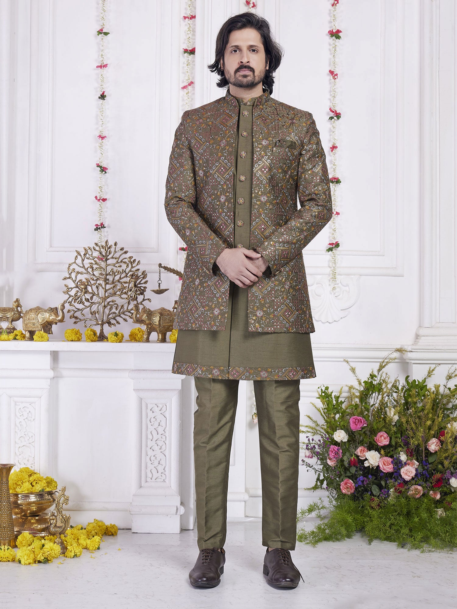 Olive Green Men's Indowestern With Short Length Jacket