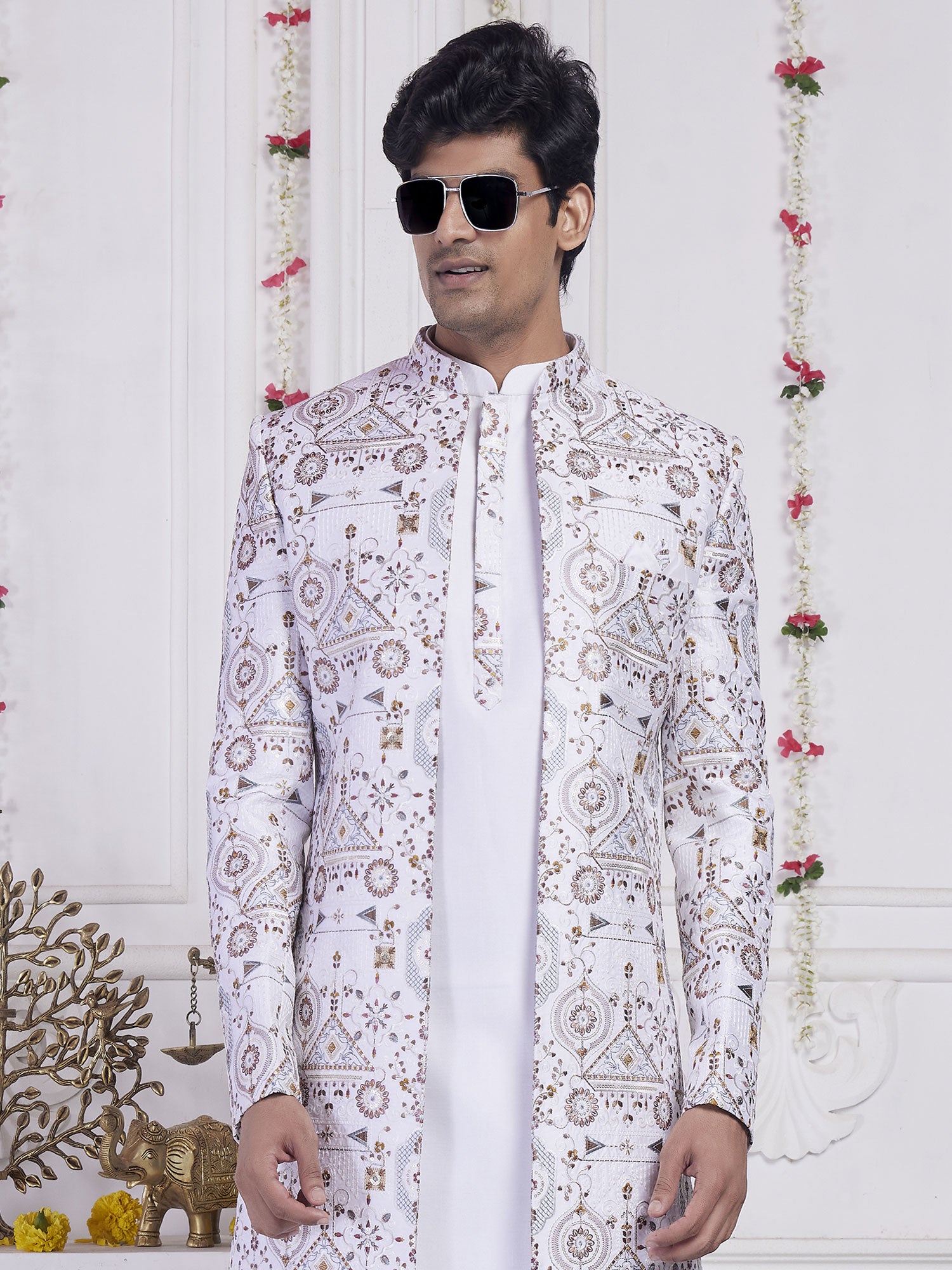 Light Purple Festive Wear Indowestern In Floral Work