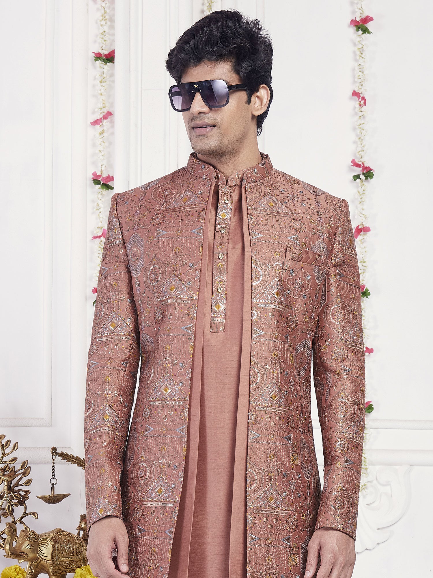 Rust Embroidered Indowestern With Layered Style Jacket