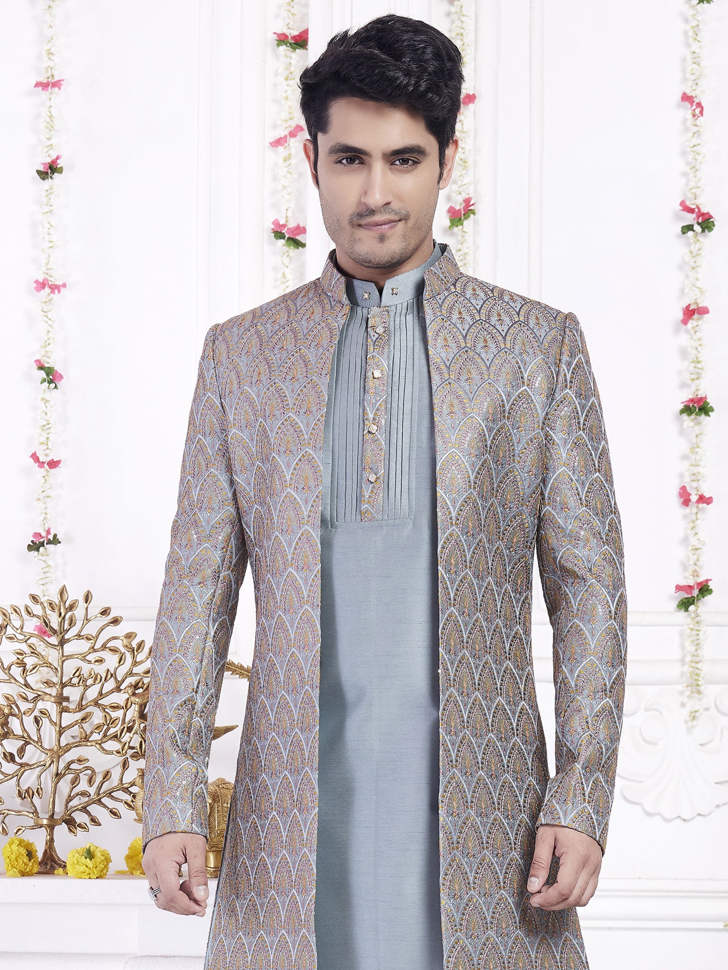 Blue Heavy Thread Work Indowestern Set In Silk
