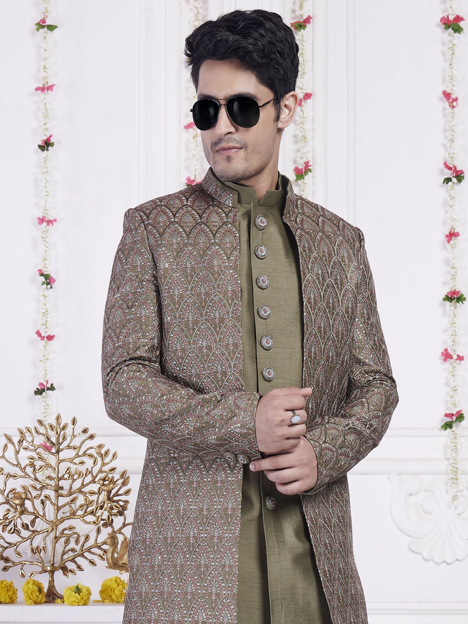 Green Festive Indowestern Set In Thread Embellishment