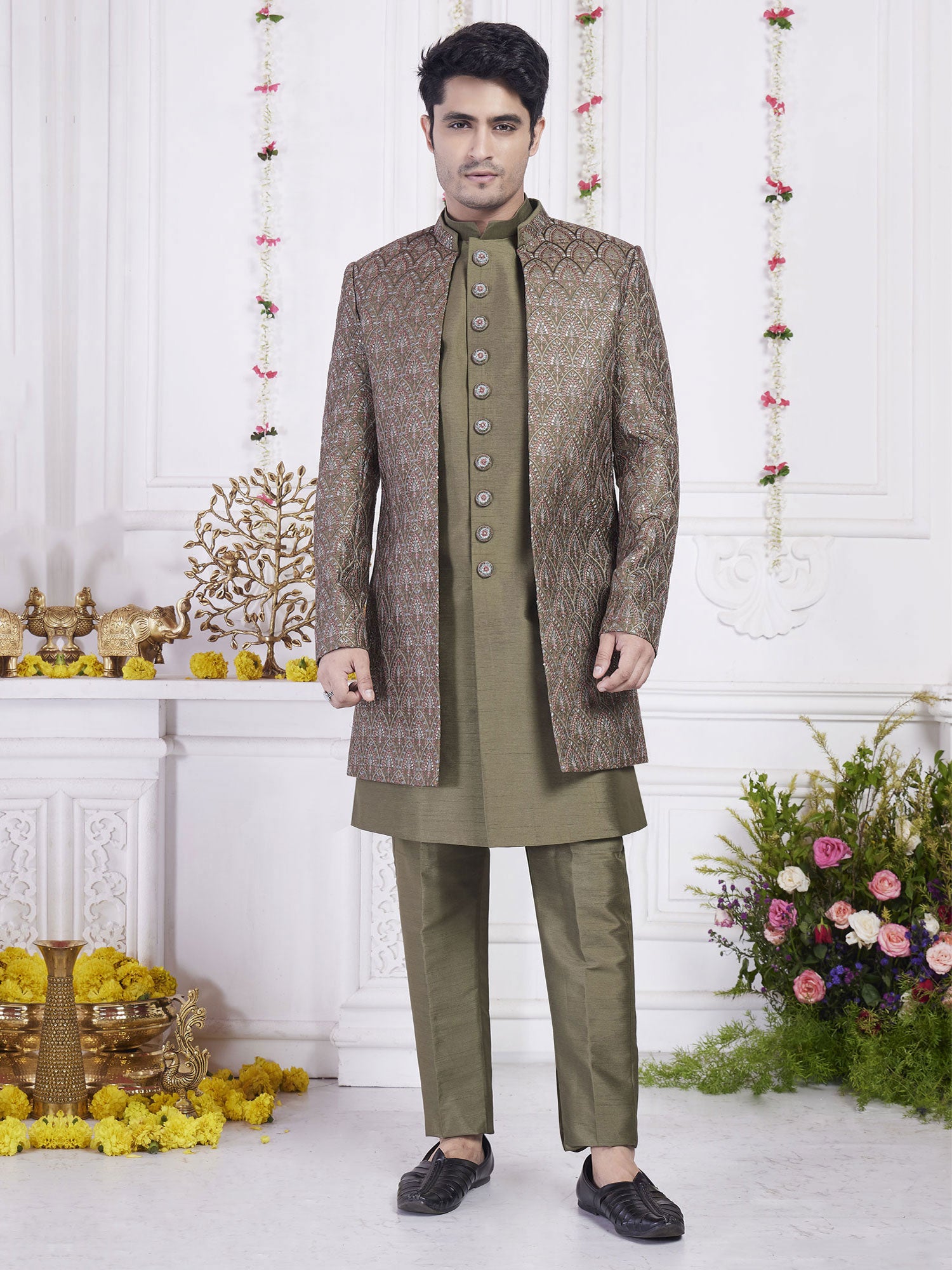 Green Festive Indowestern Set In Thread Embellishment