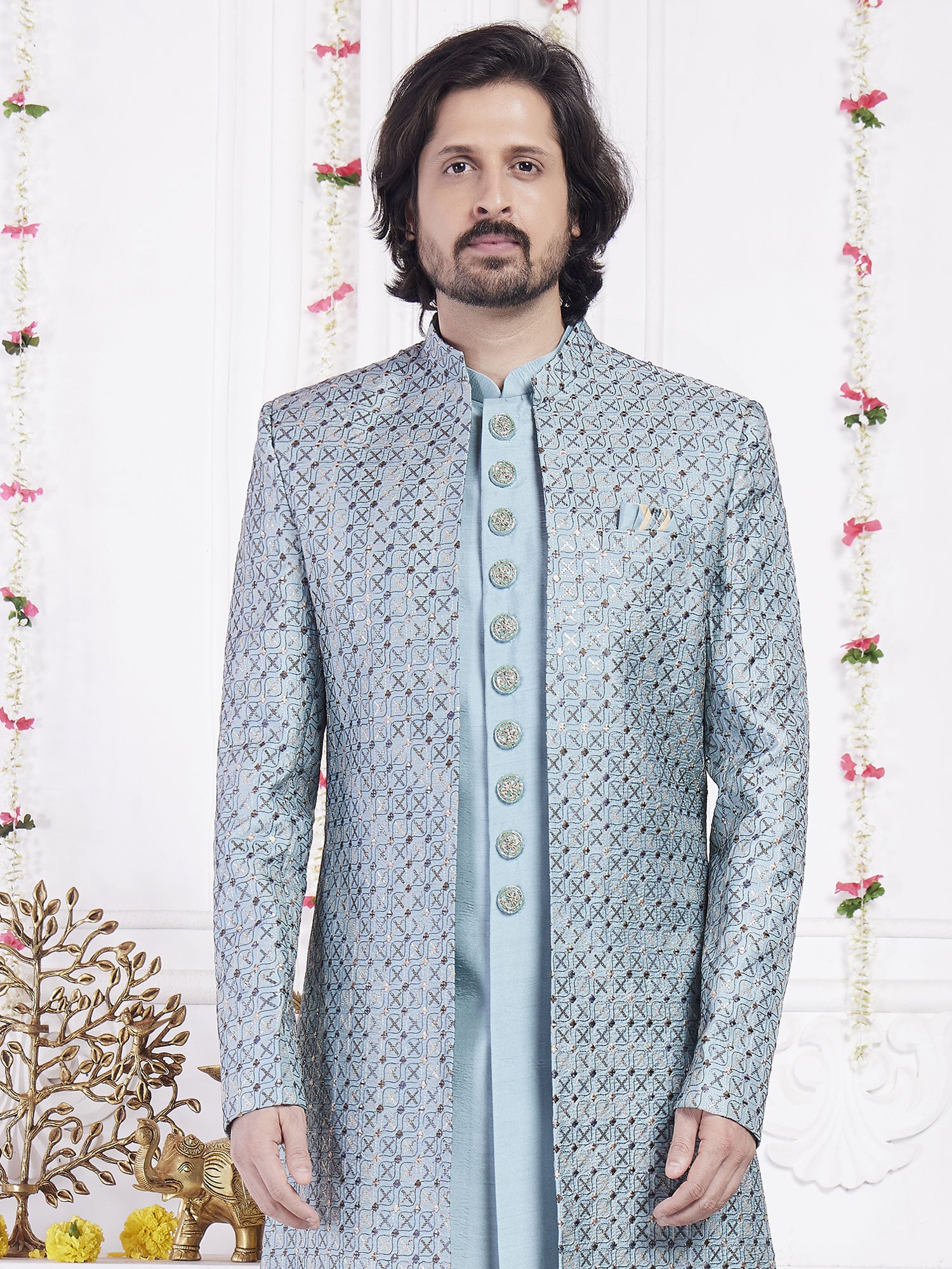 Sky Blue Jacket Style Embroidered Indowestern Set