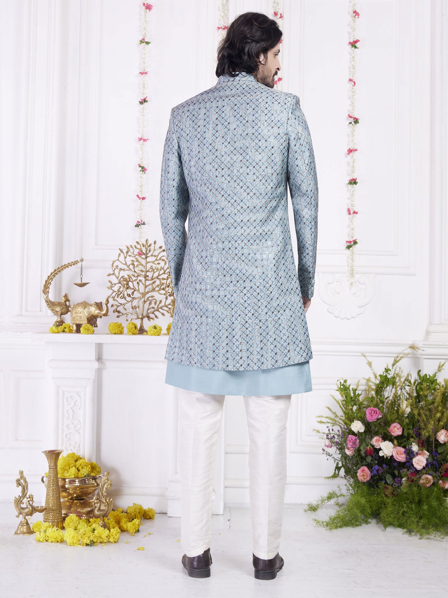 Sky Blue Jacket Style Embroidered Indowestern Set