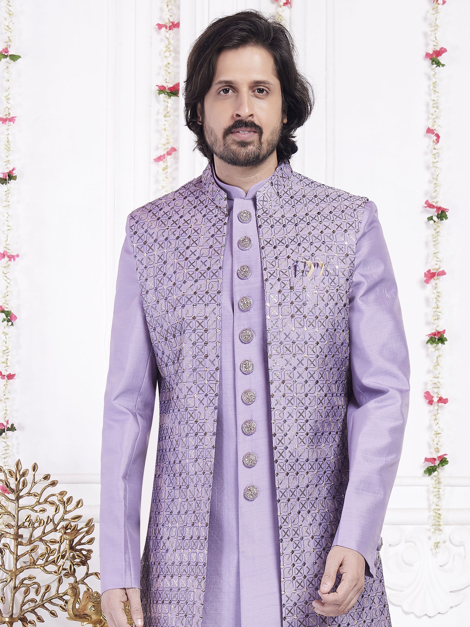 Lavender Purple Art Silk Indowestern In Sequins Work