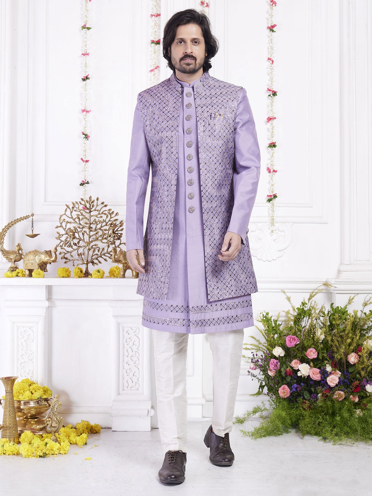 Lavender Purple Art Silk Indowestern In Sequins Work