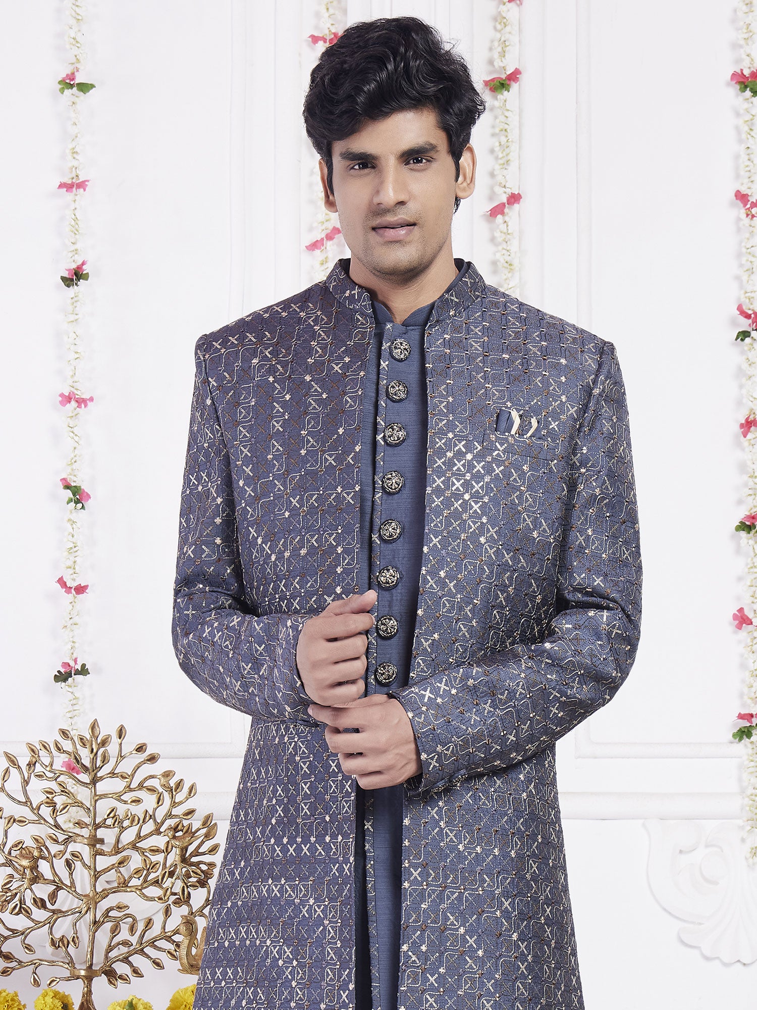 Blue Men's Indowestern With Jacket In Heavy Embroidery