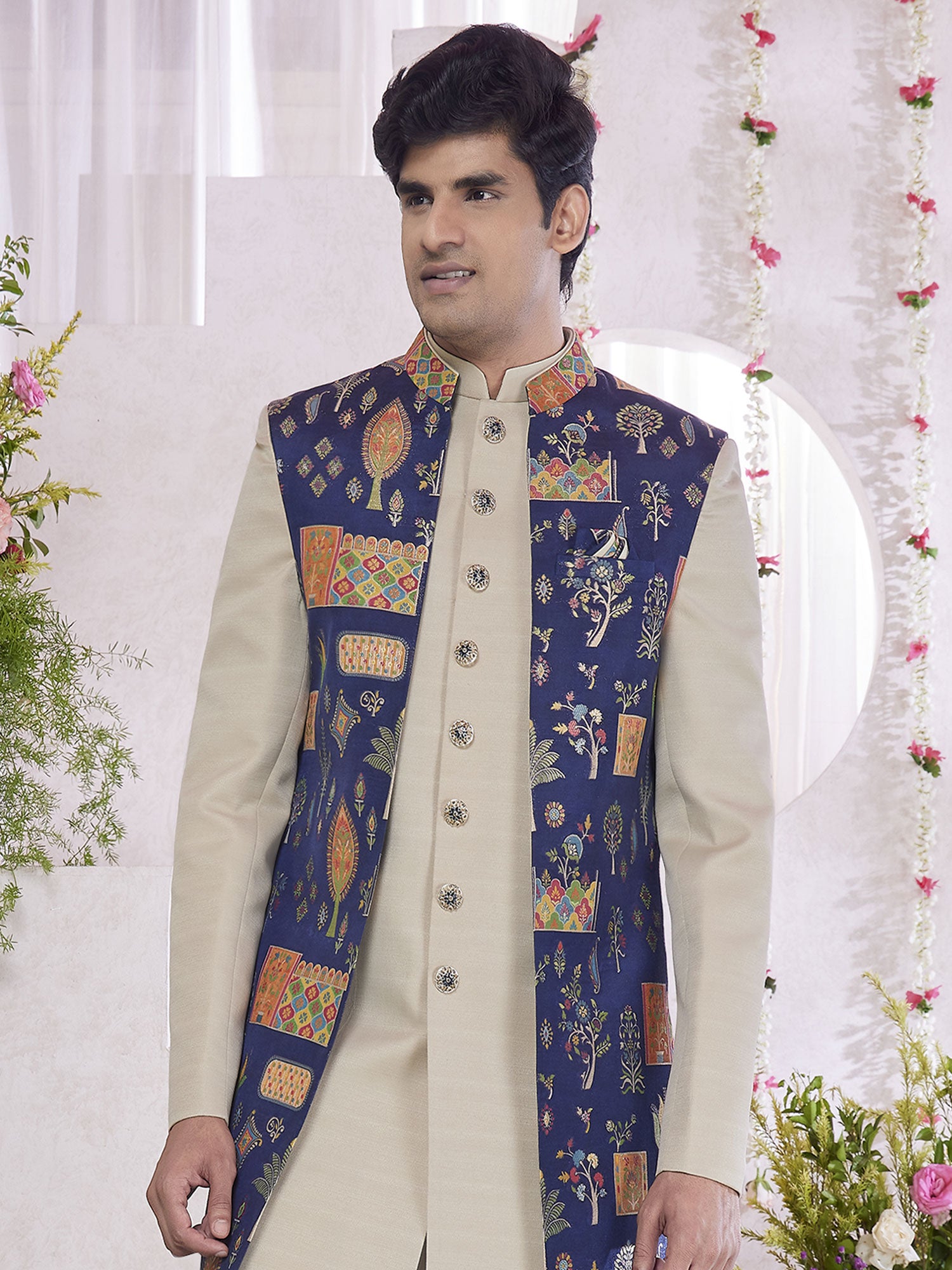 Light Beige Wedding Indowestern With Jacket In Print