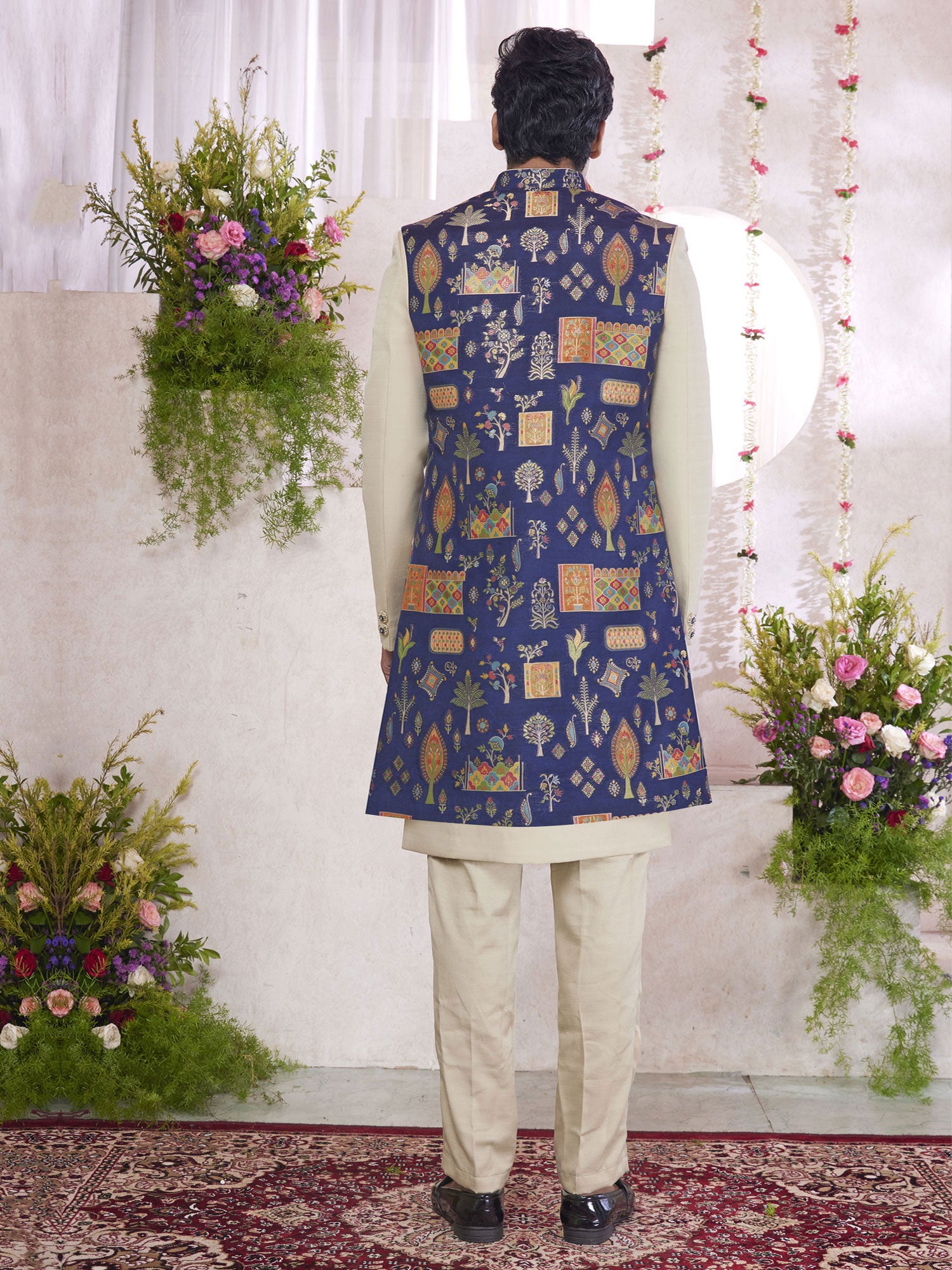 Light Beige Wedding Indowestern With Jacket In Print