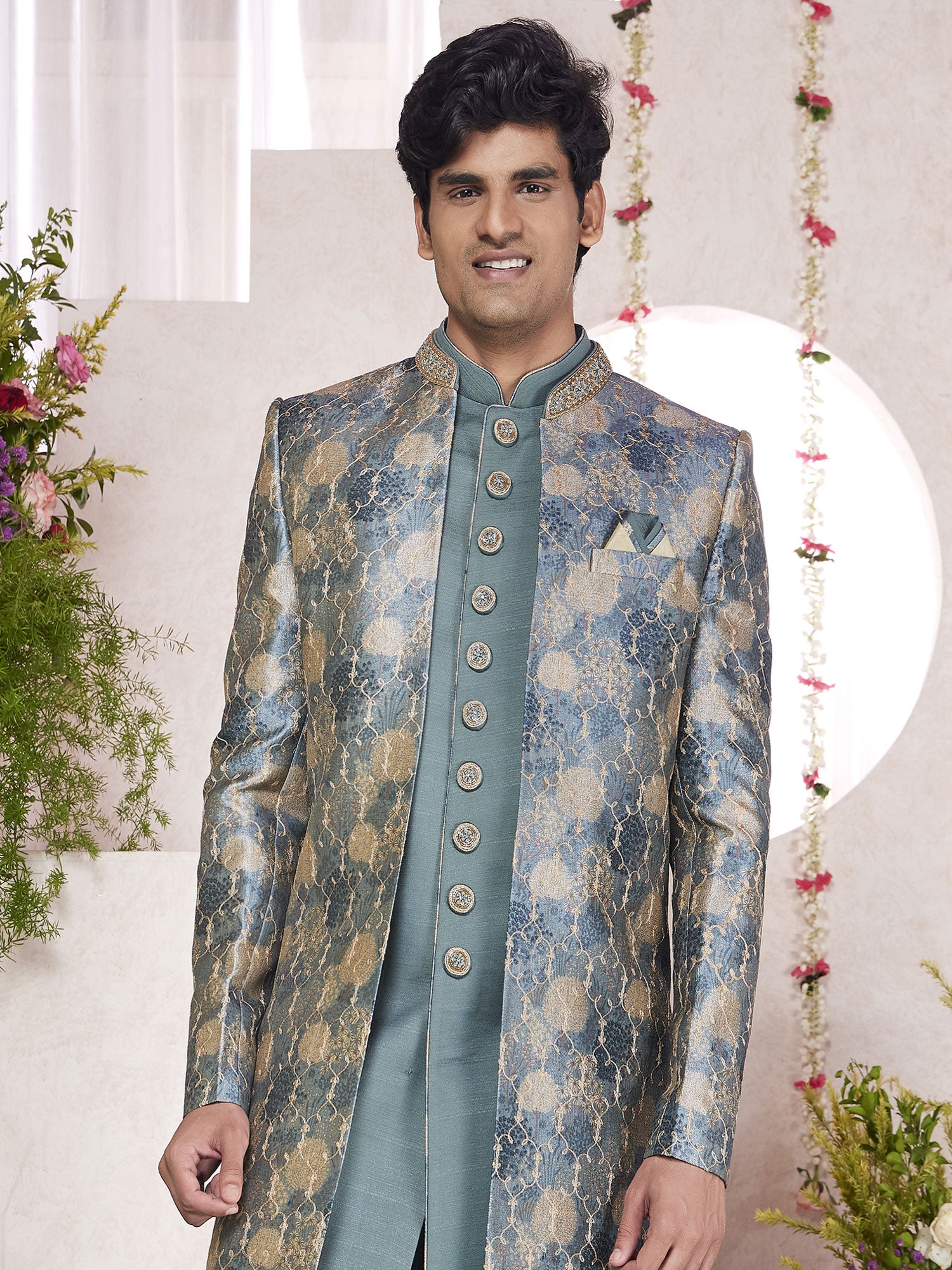 Stone Blue Men's Indo Western Set With Printed Jacket