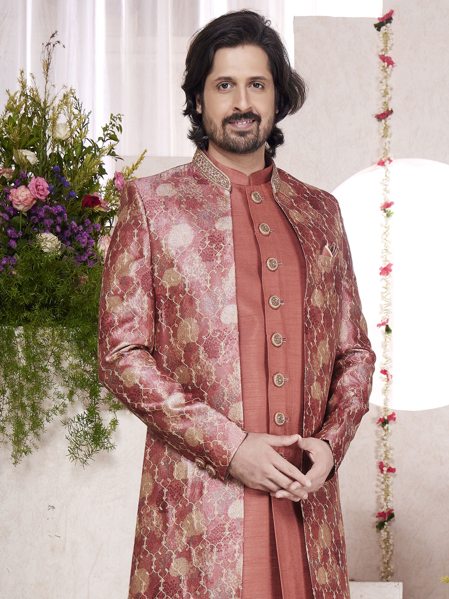 Rust Men's Wear Indowestern In Digital Print