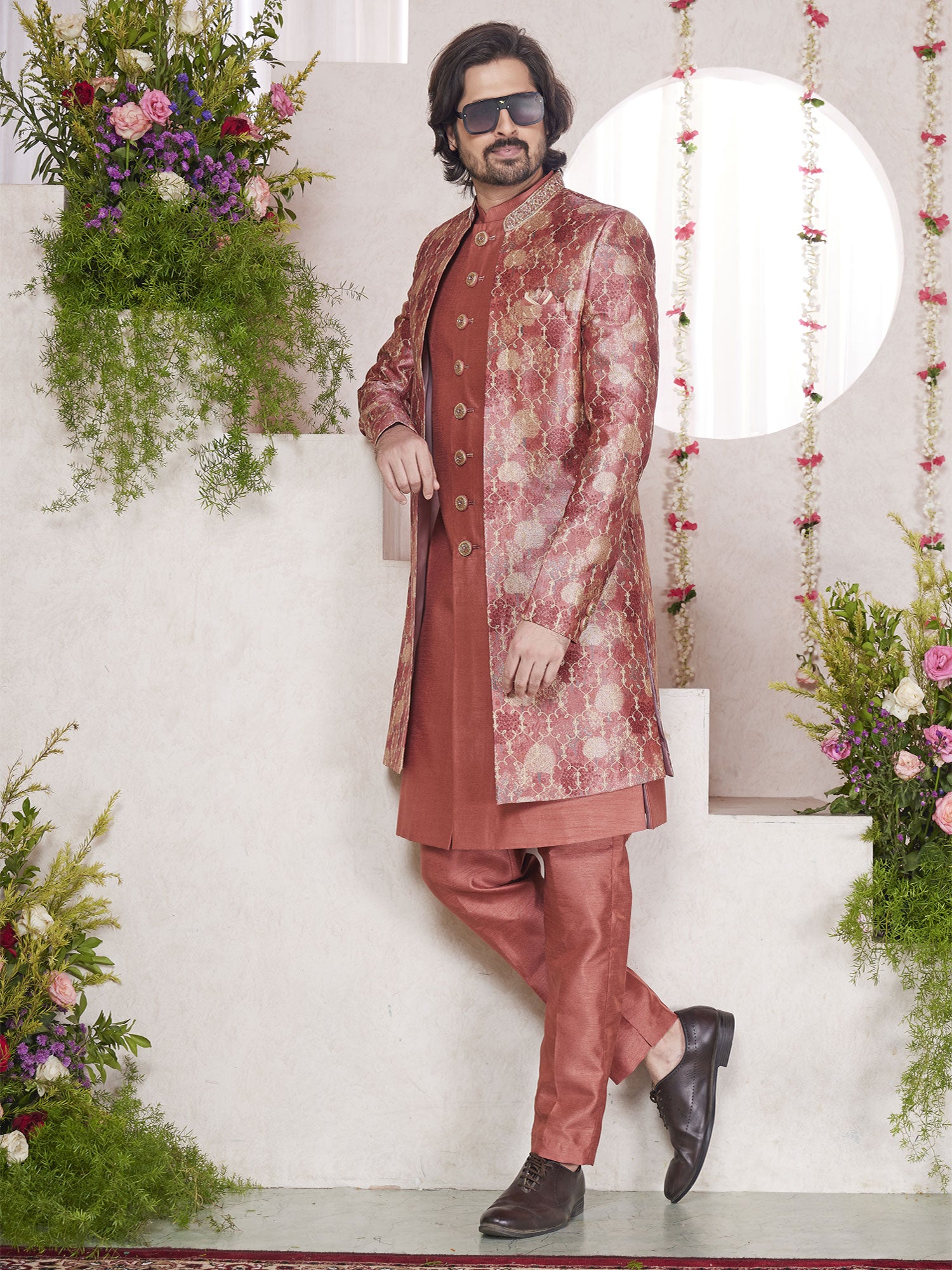 Rust Men's Wear Indowestern In Digital Print