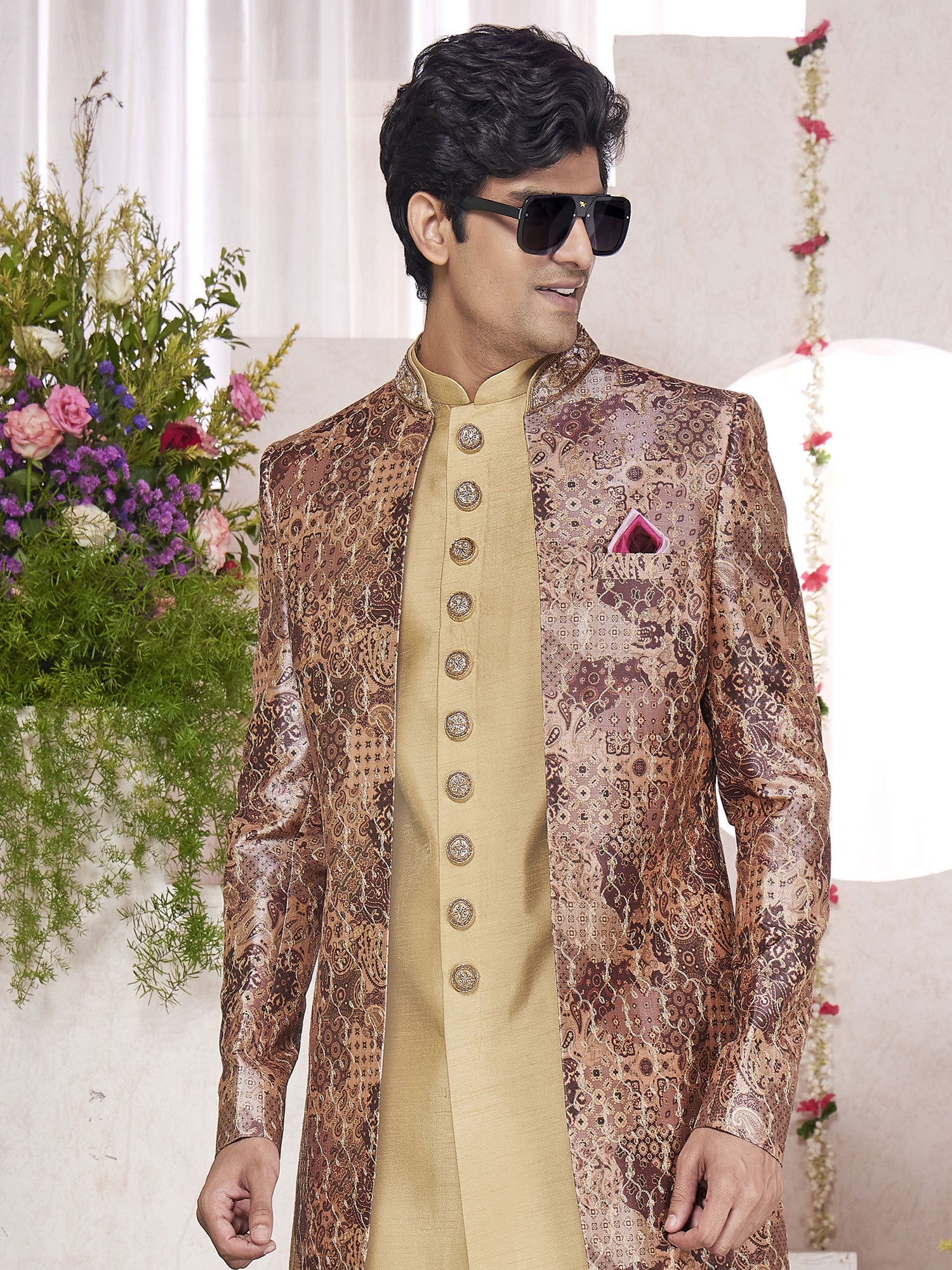 Yellow Jacketed Indowestern With Printed Parttern