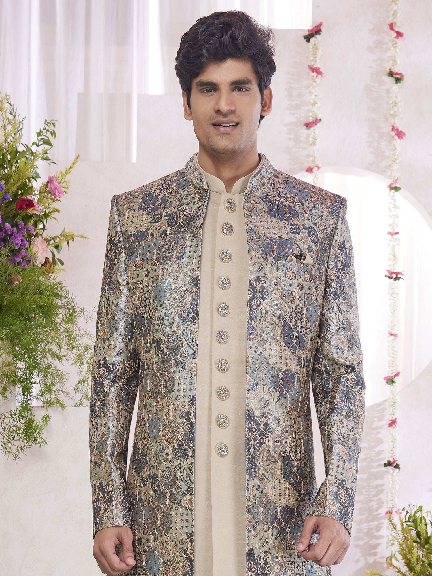 Beige Menswear Festive Indo Western In Silk