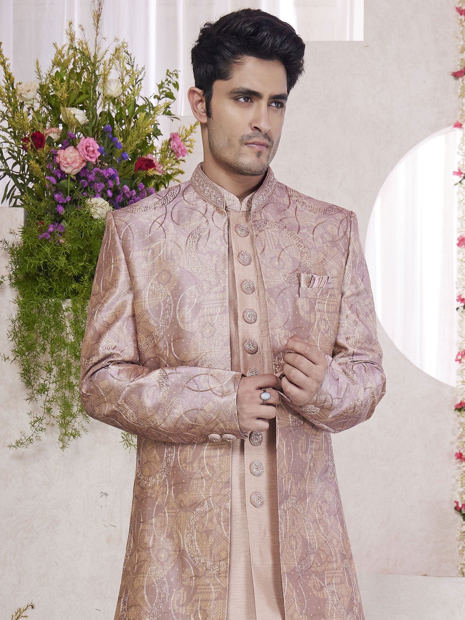 Pastel Pink Wedding Indowestern Set In Sequins Work