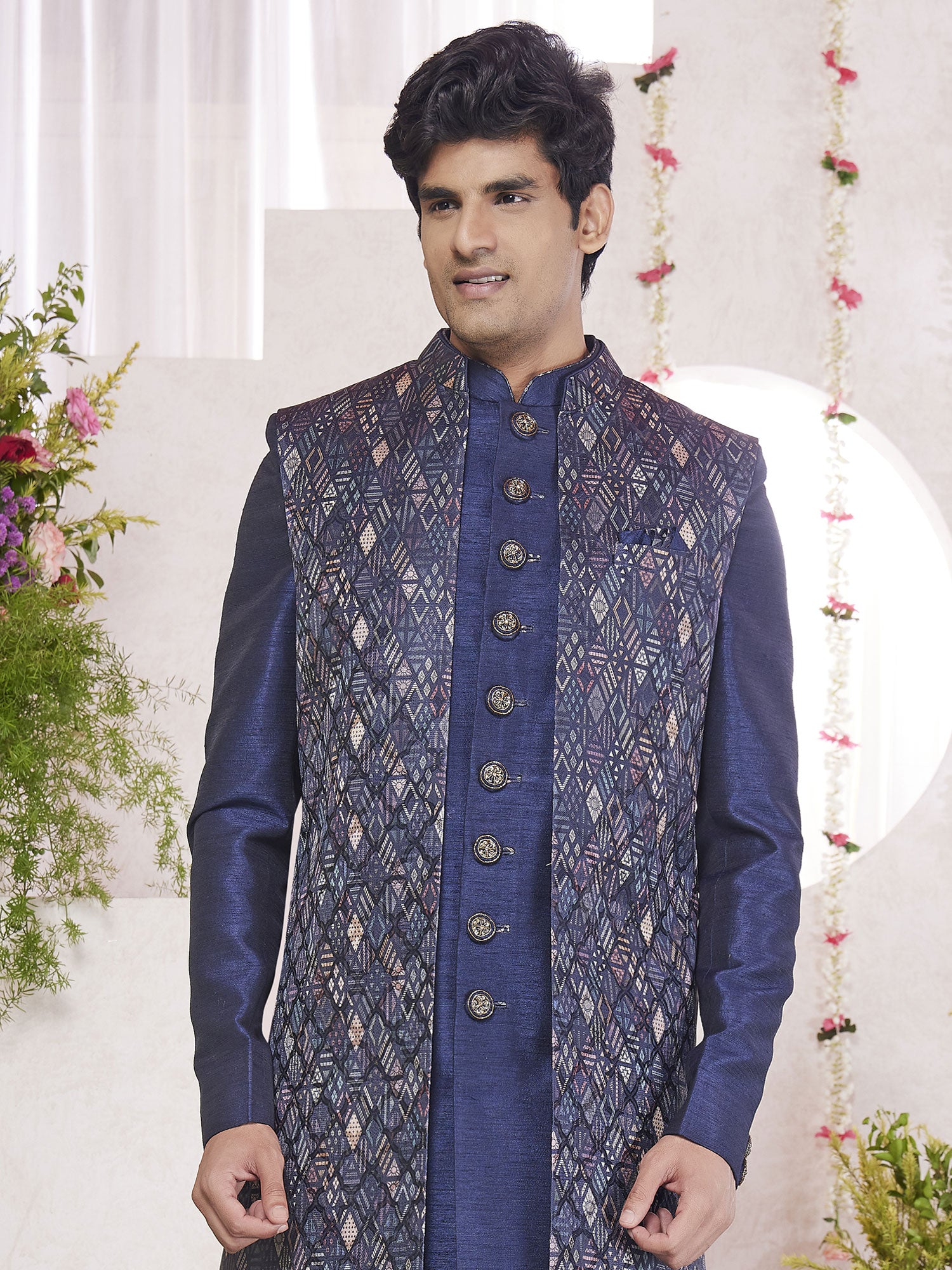 Royal Blue Silk Indo Western With Cut Sleeved Jacket