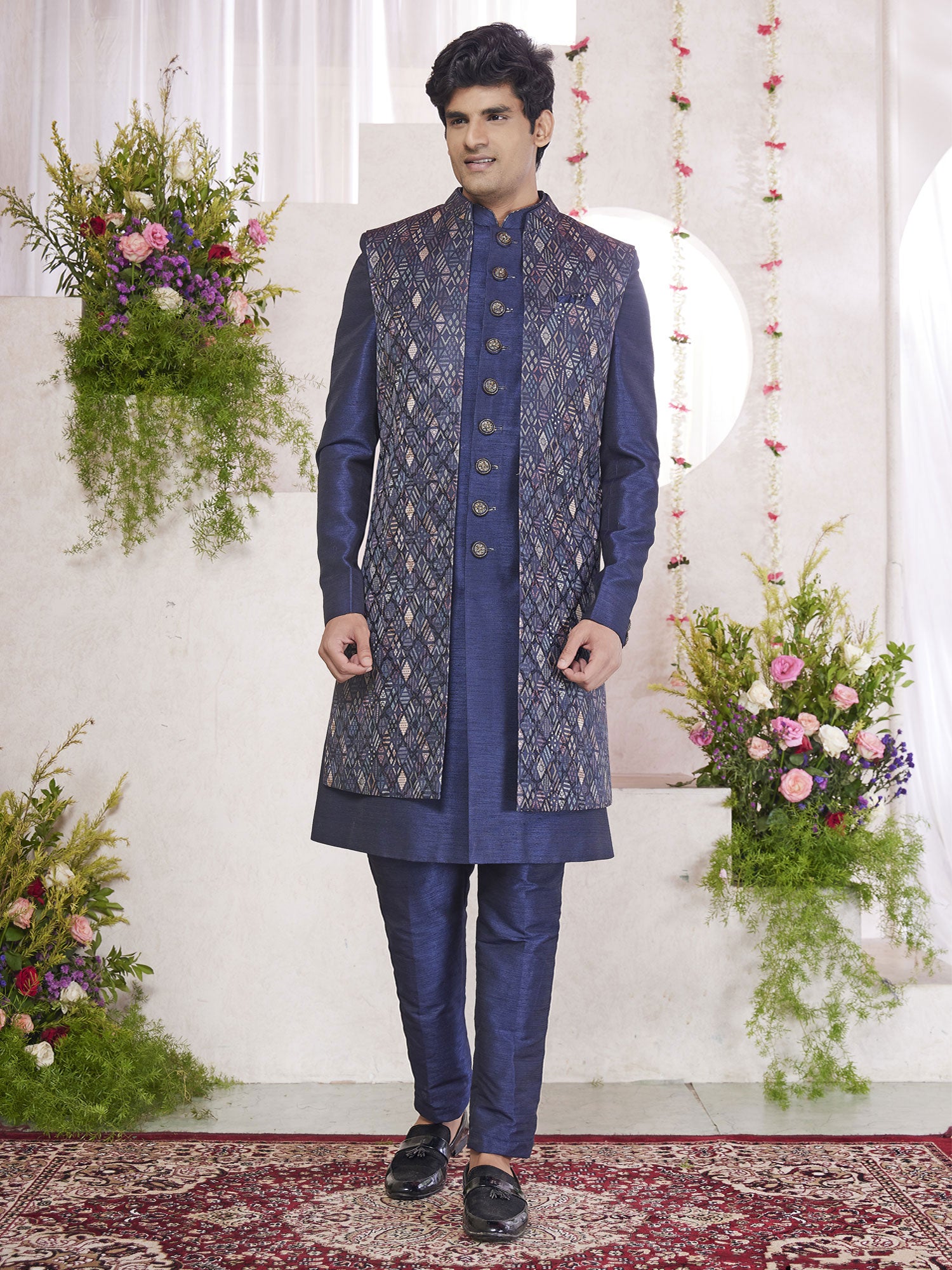 Royal Blue Silk Indo Western With Cut Sleeved Jacket