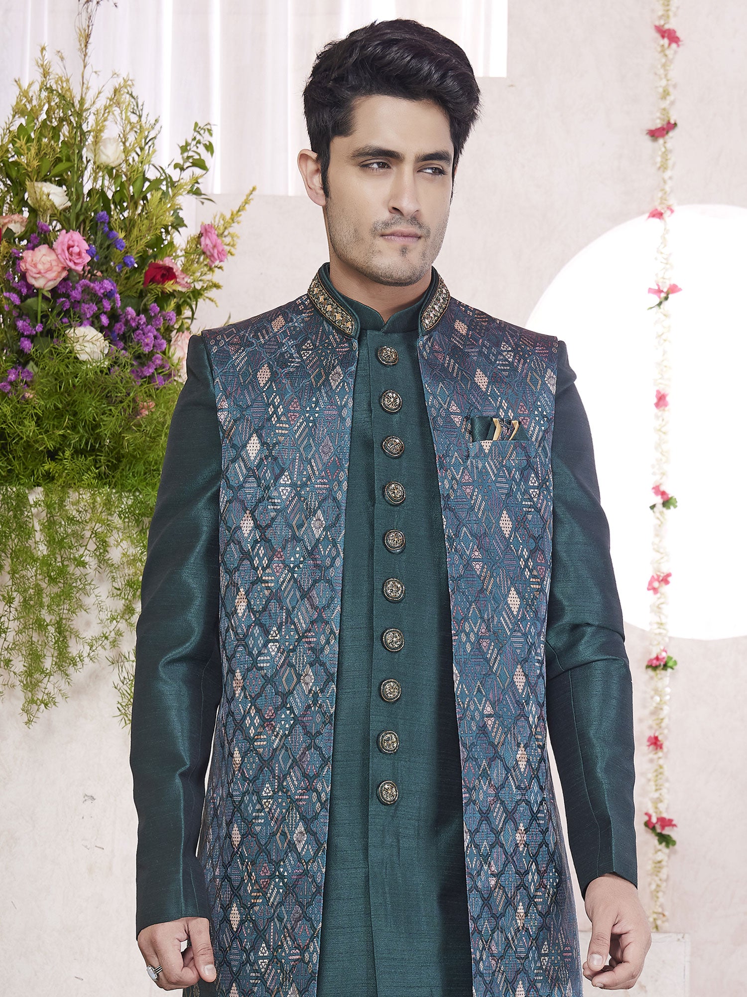 Teal Green Festive Indowestern Set With Long Jacket