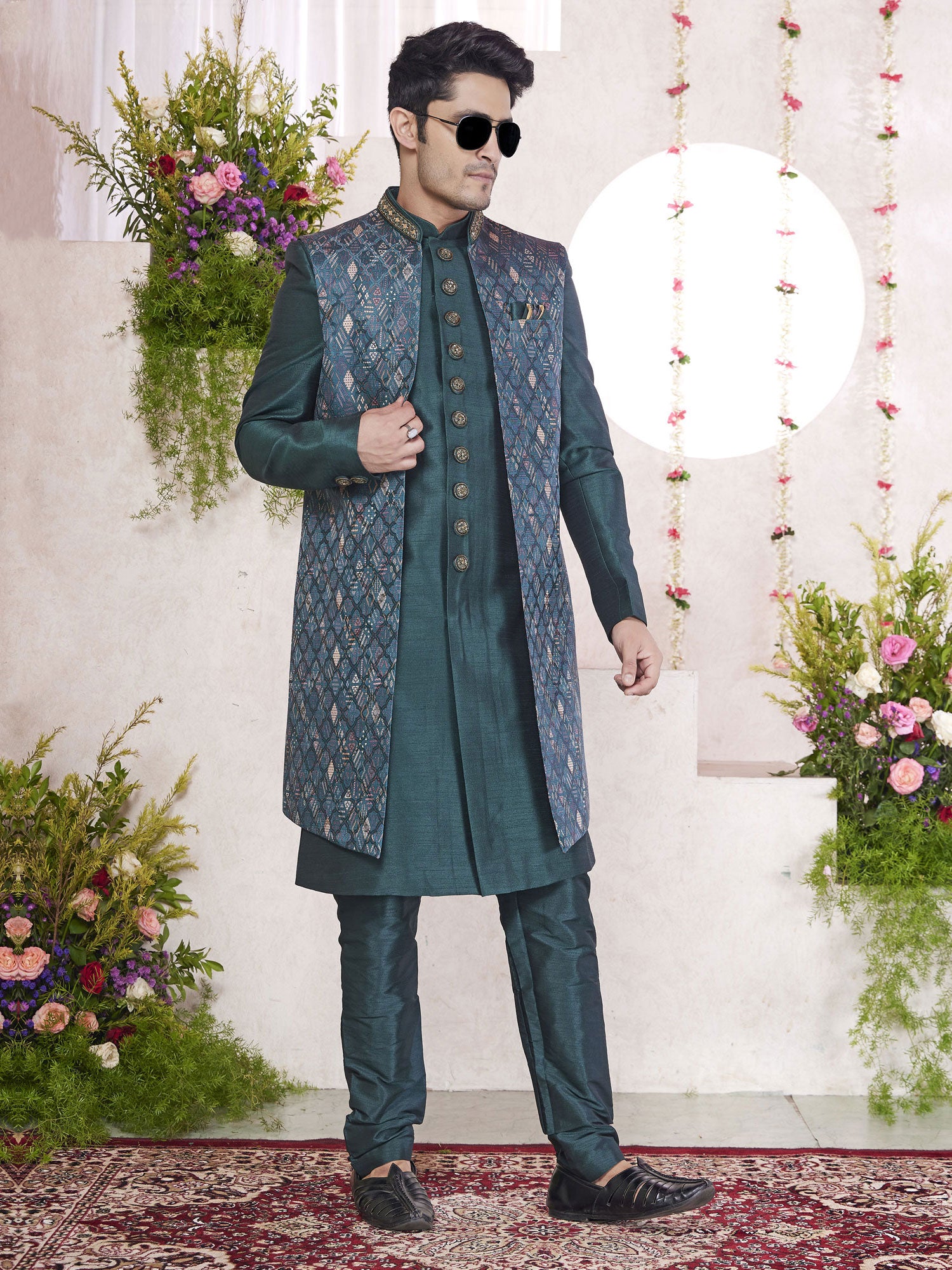 Teal Green Festive Indowestern Set With Long Jacket