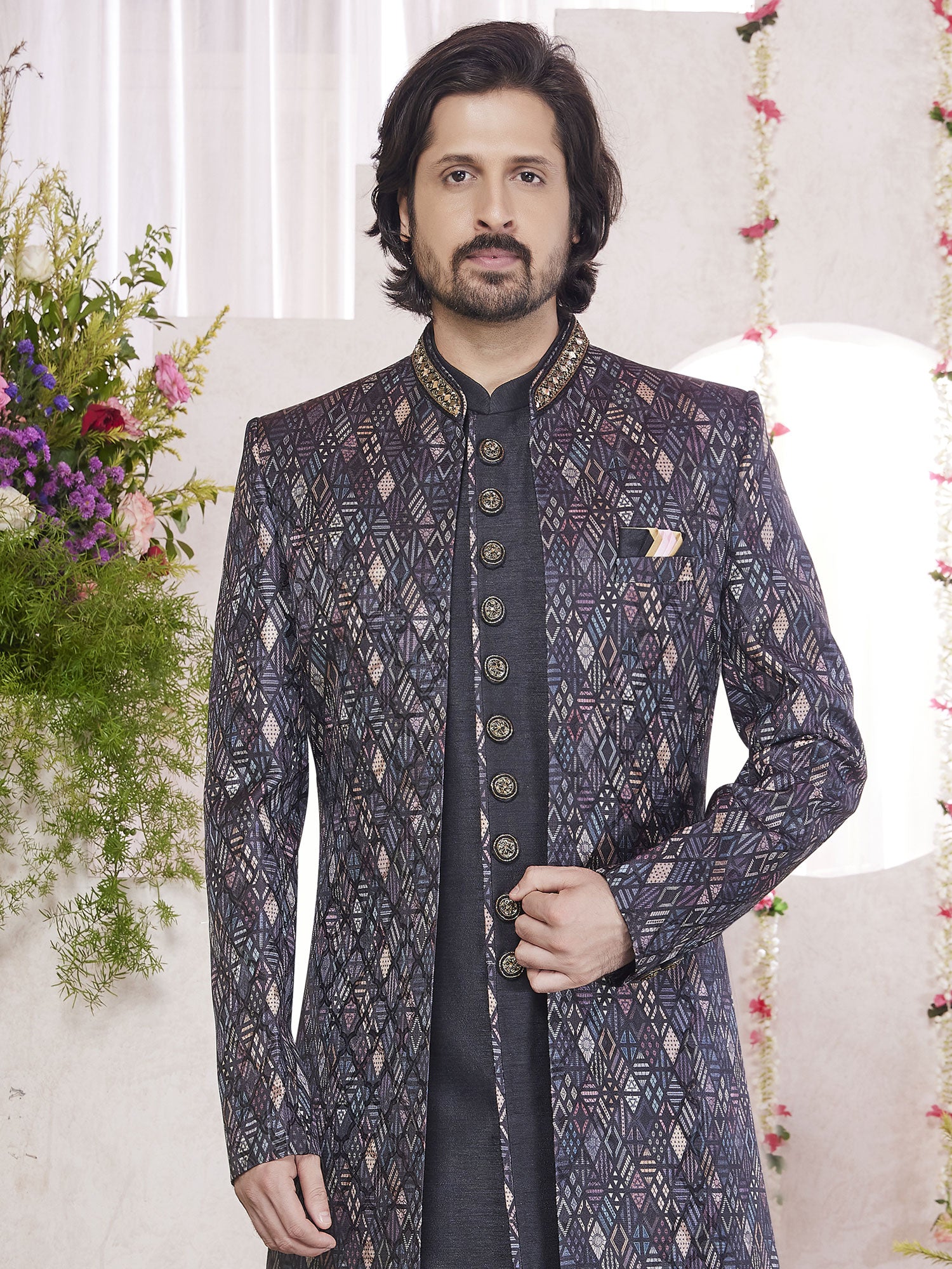 Black Wedding Indowestern For Mens In Print