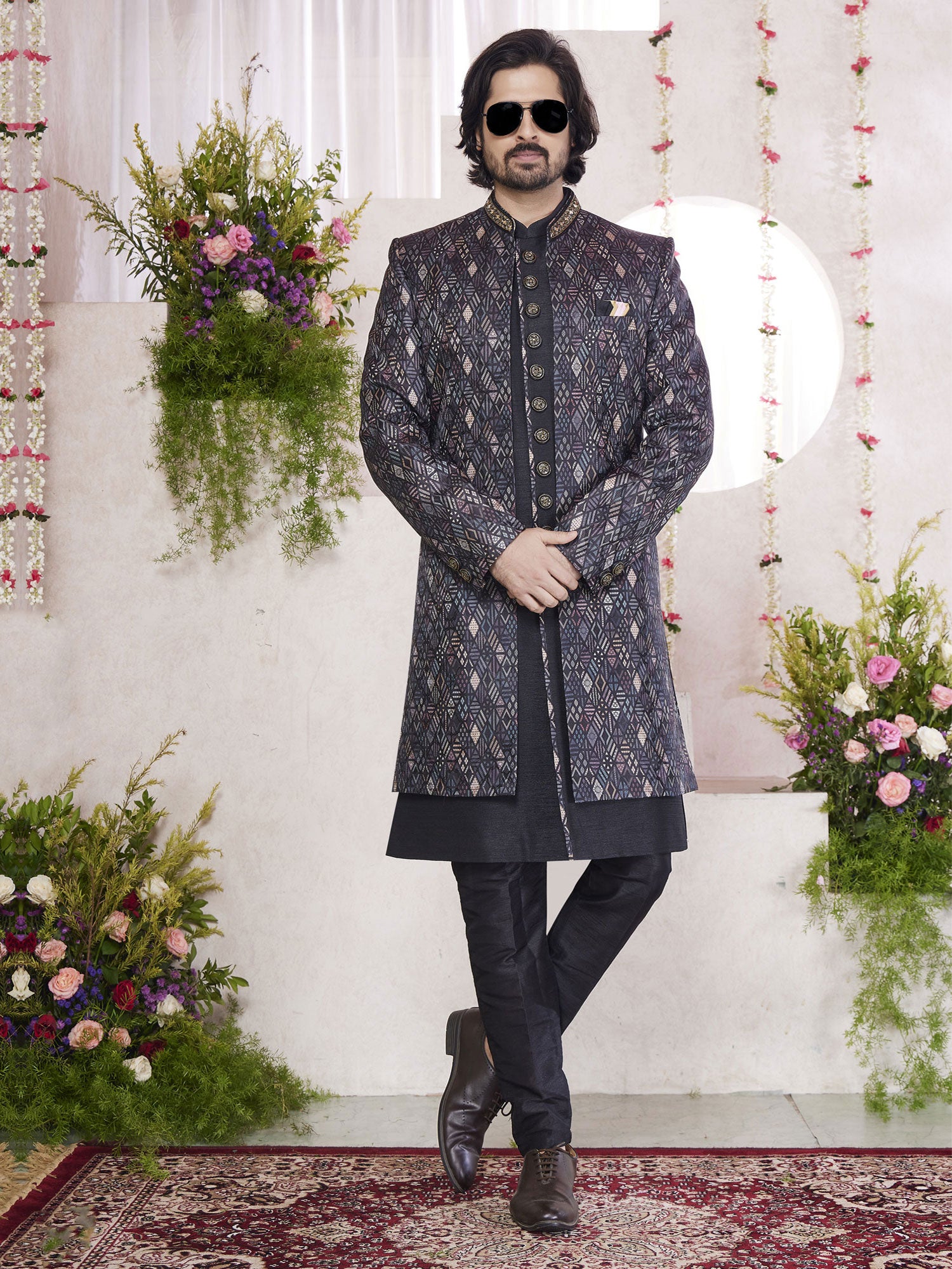 Black Wedding Indowestern For Mens In Print