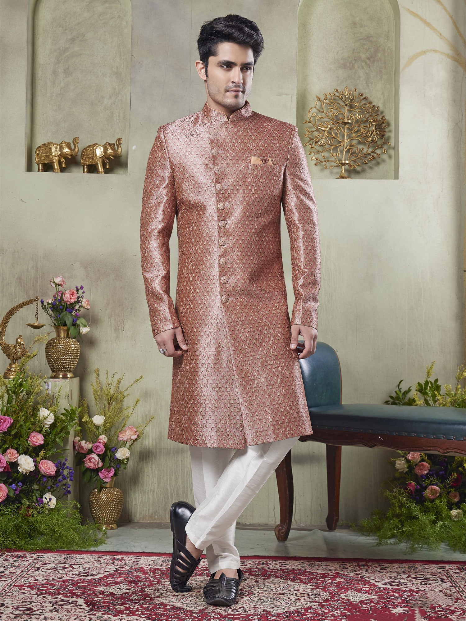 Peach Art Silk Printed Sherwani For Mens