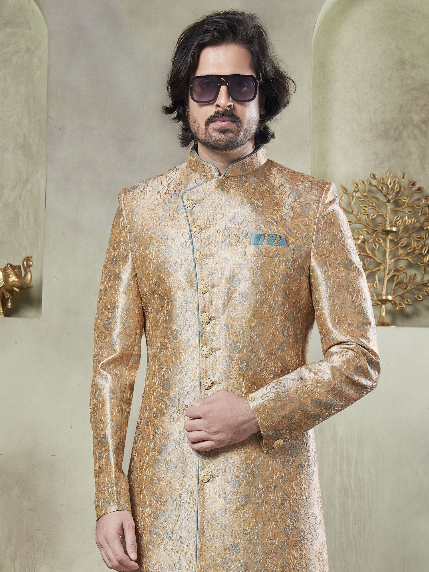 Golden Festive Indo Style Sherwani Set In Print