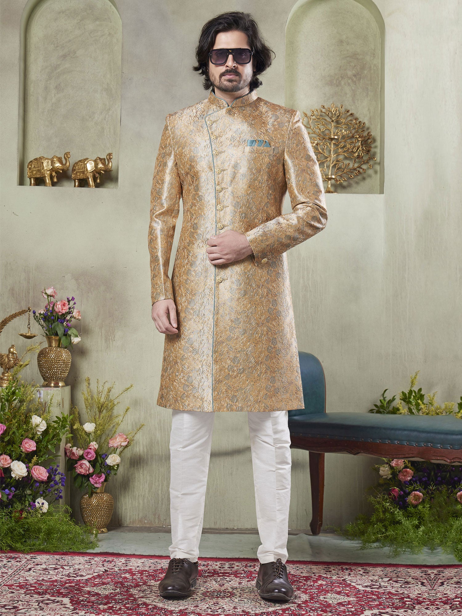Golden Festive Indo Style Sherwani Set In Print