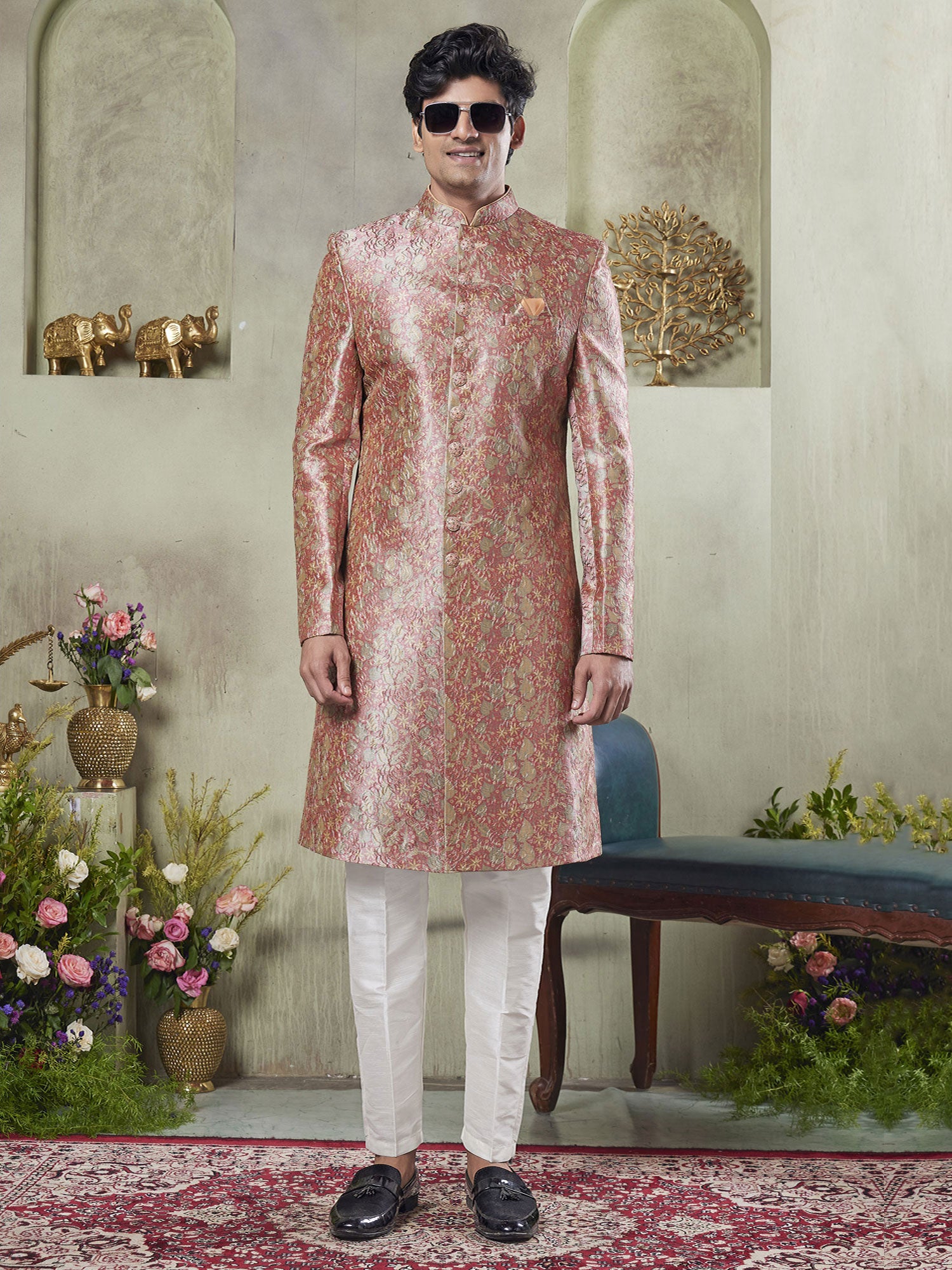 Pink Wedding Silk Sherwani In Floral Print