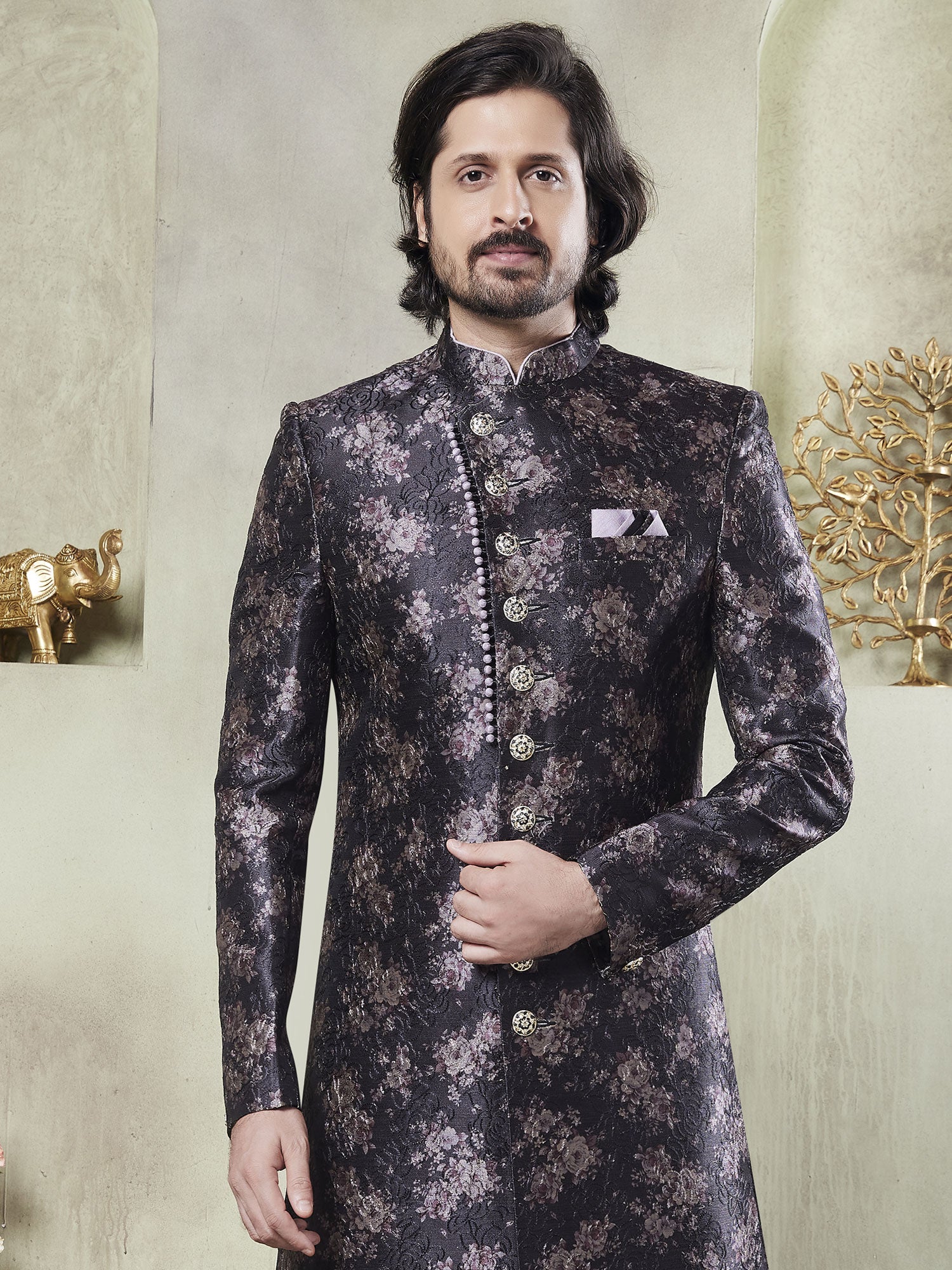 Black Men's Silk Sherwani Set In Thread Work