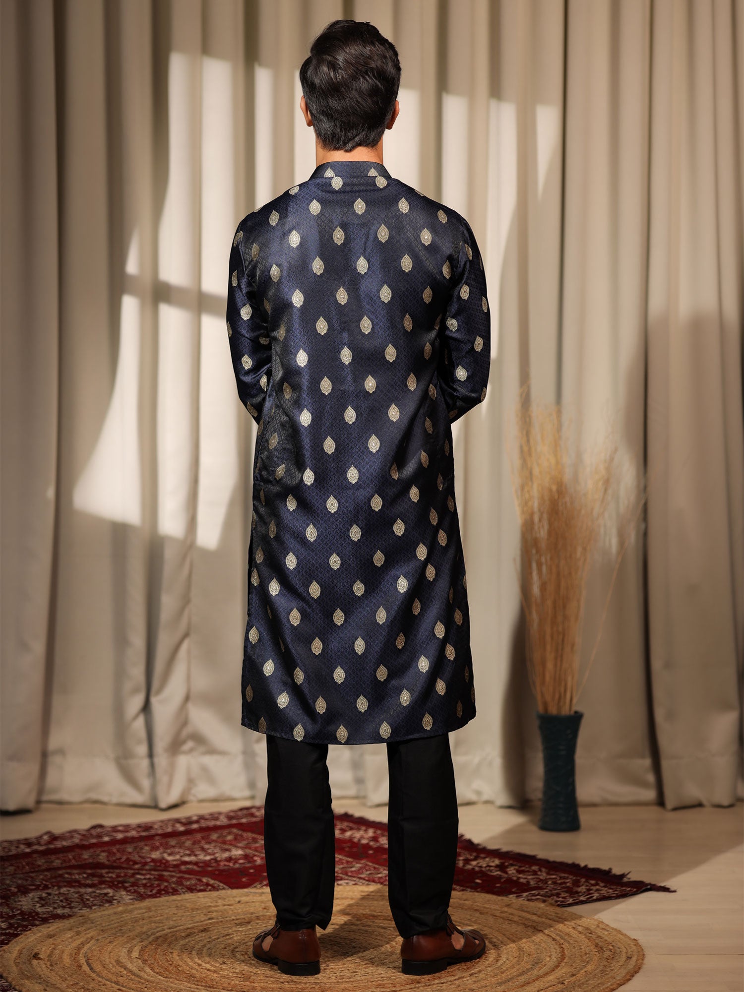 Navy Blue Readymade Kurta Pyjama In Weaving