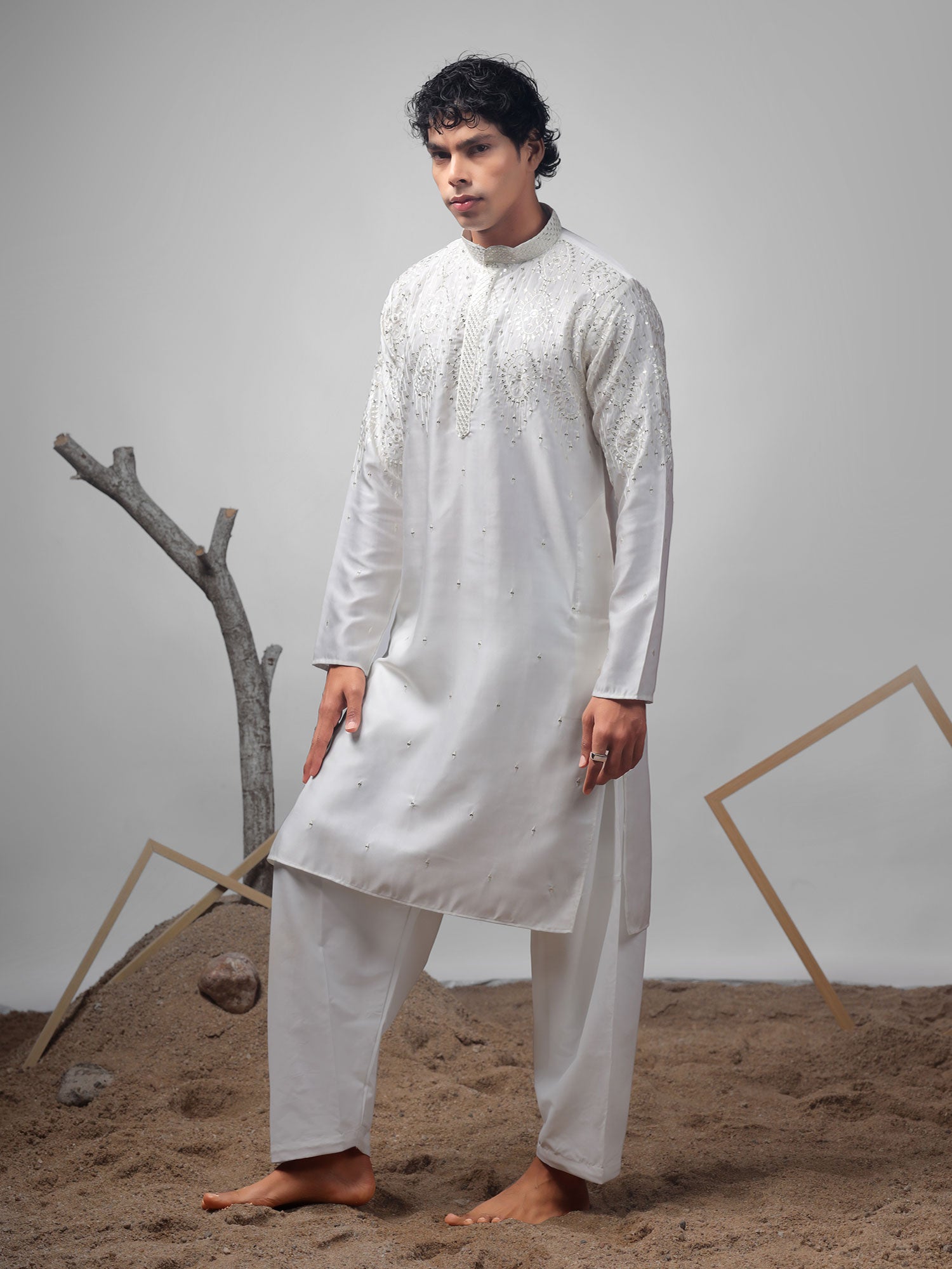 Off White Readymade Kurta Set In Sequins Work