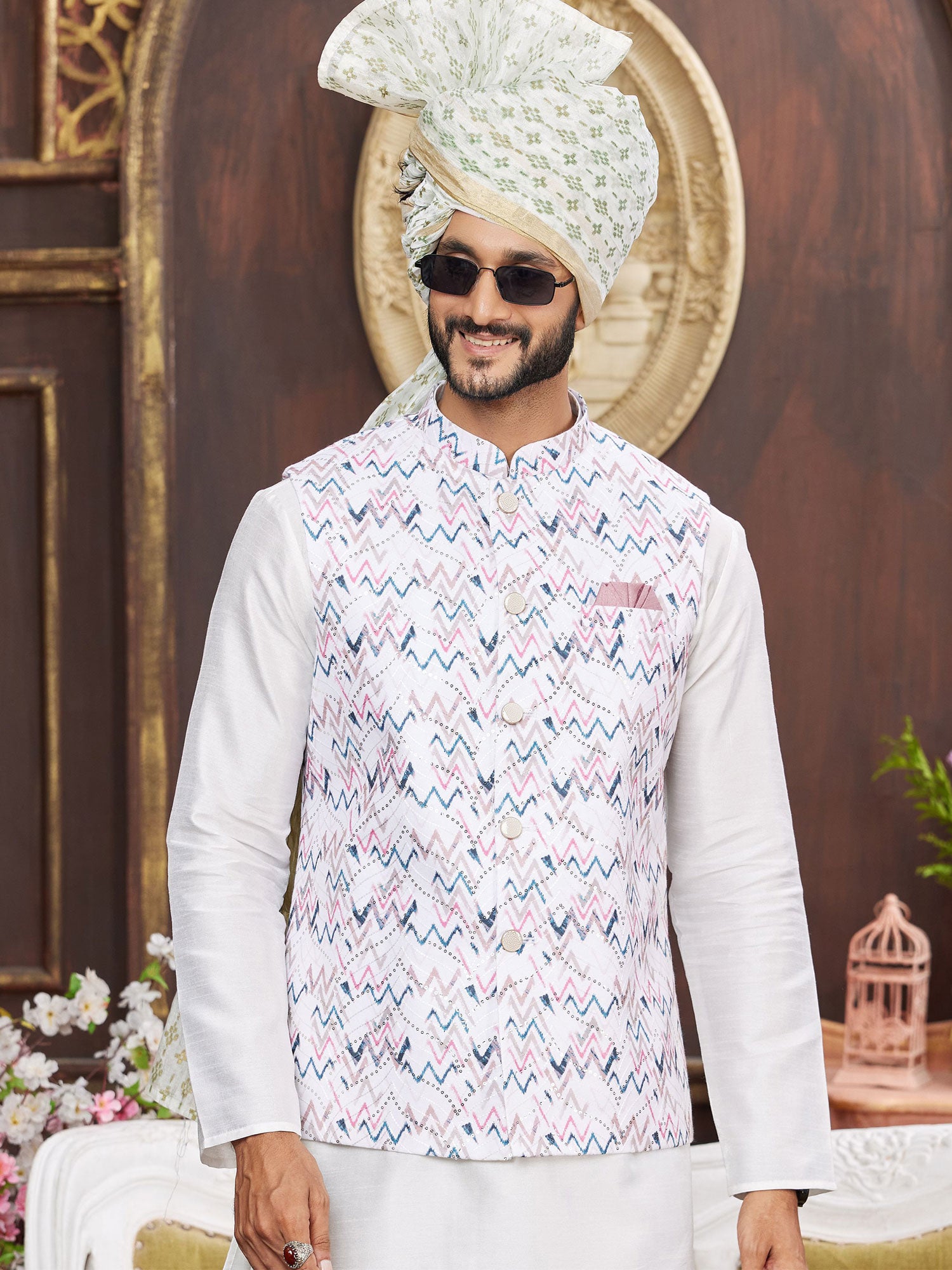 Off White Kurta Pyjama Set With Printed Jacket