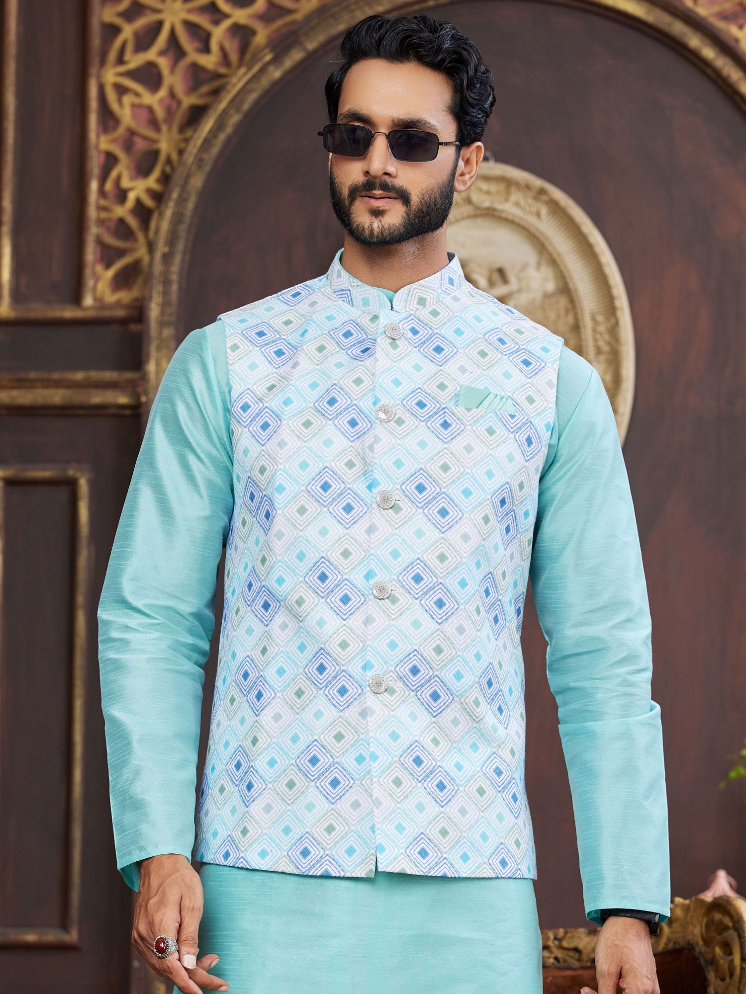 Sky Blue Casual Kurta Pyjama With Waistcoat